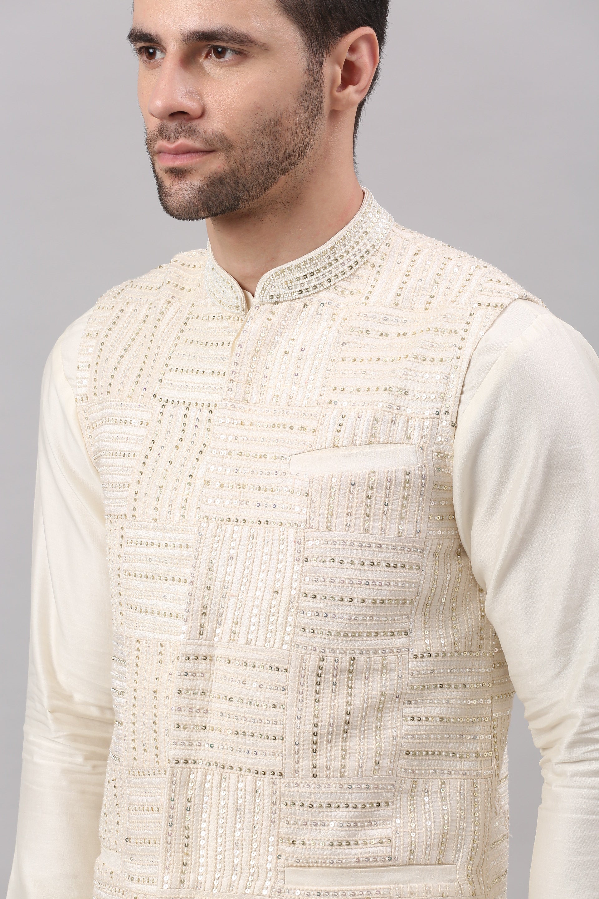 Cream Nehru Collar Jacket Set