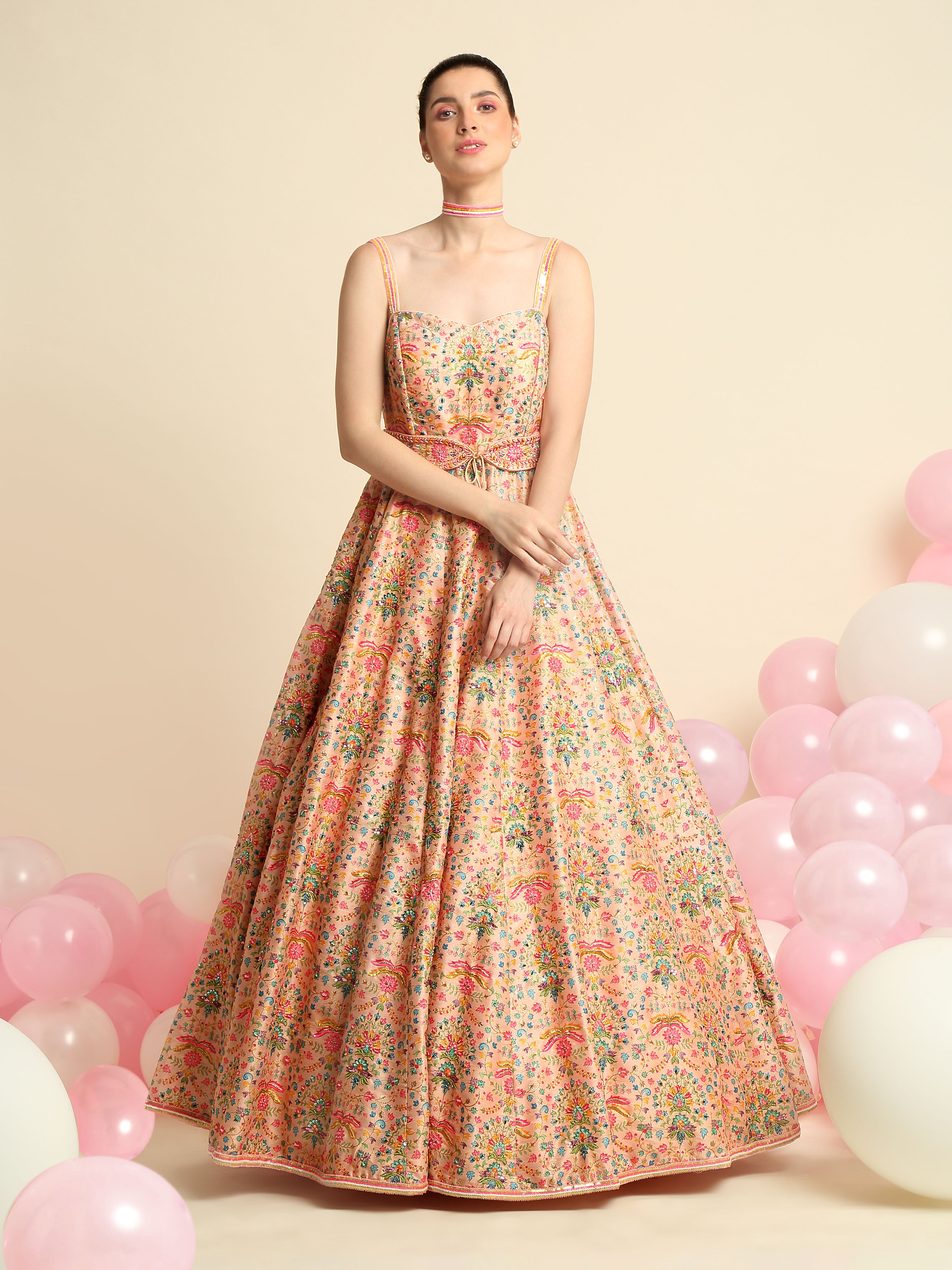 Peach Pink Printed & Embroidered Gown