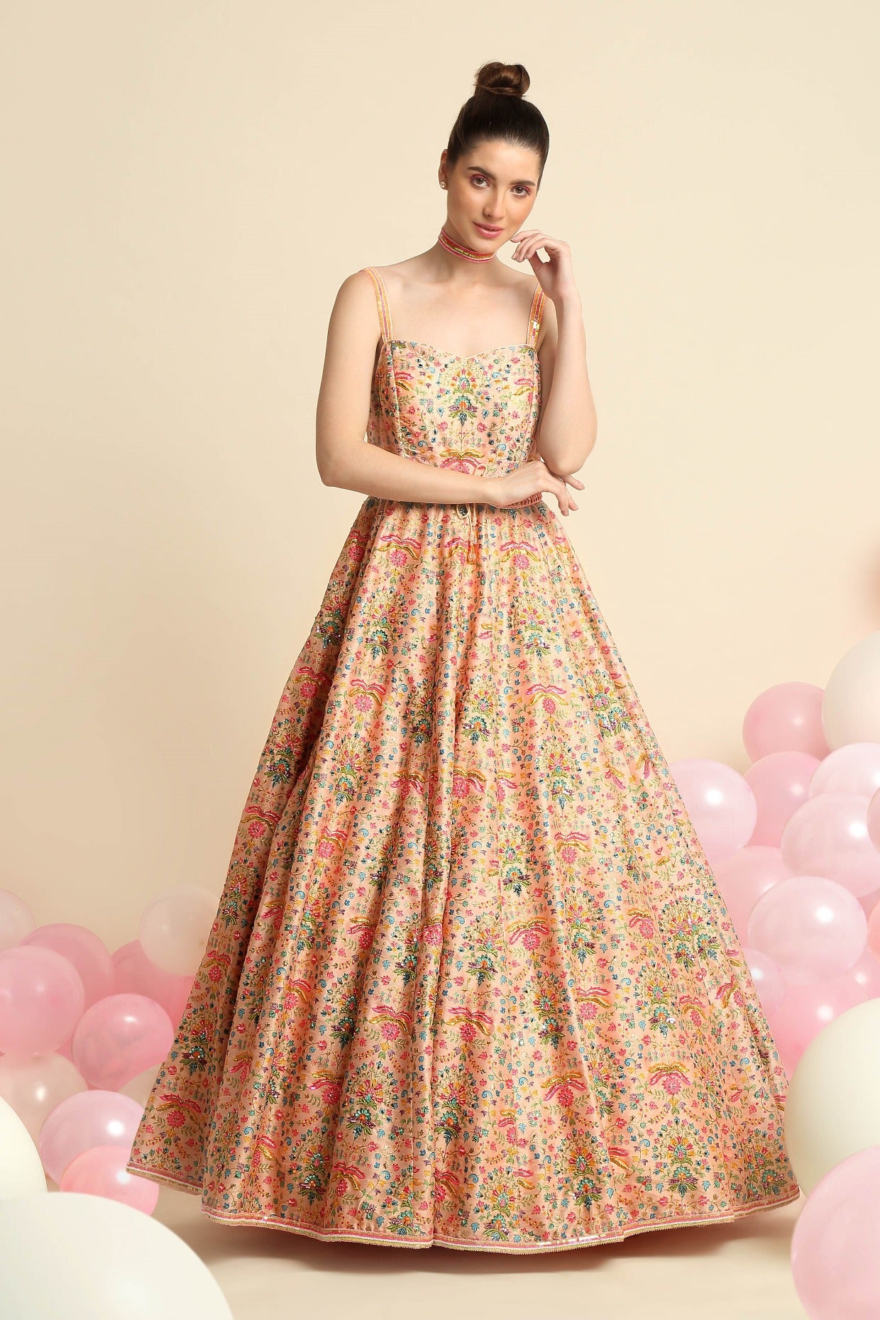 Peach Pink Printed & Embroidered Gown