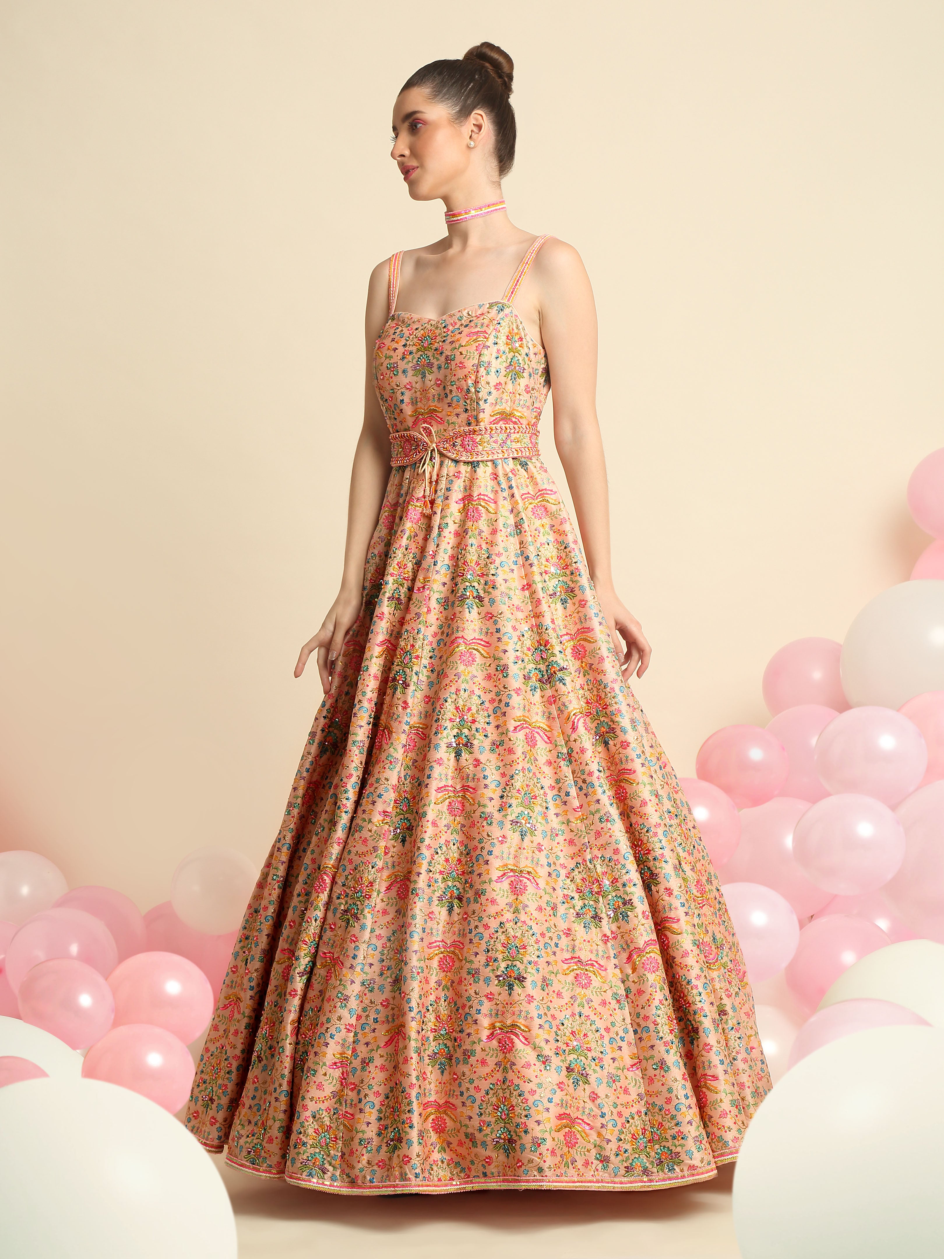 Peach Pink Printed & Embroidered Gown