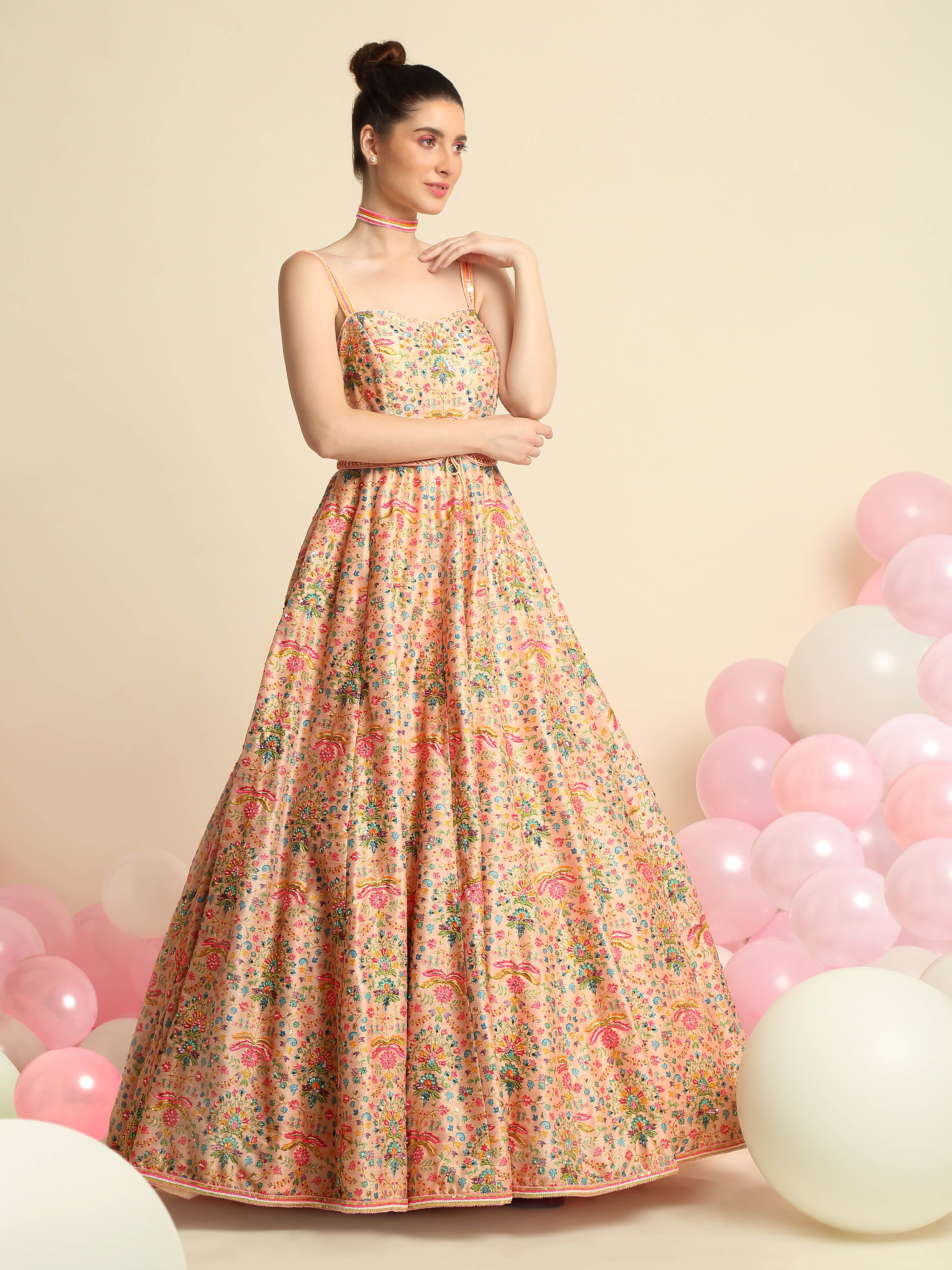 Peach Pink Printed & Embroidered Gown