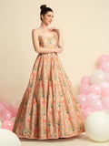 Peach Pink Printed & Embroidered Gown