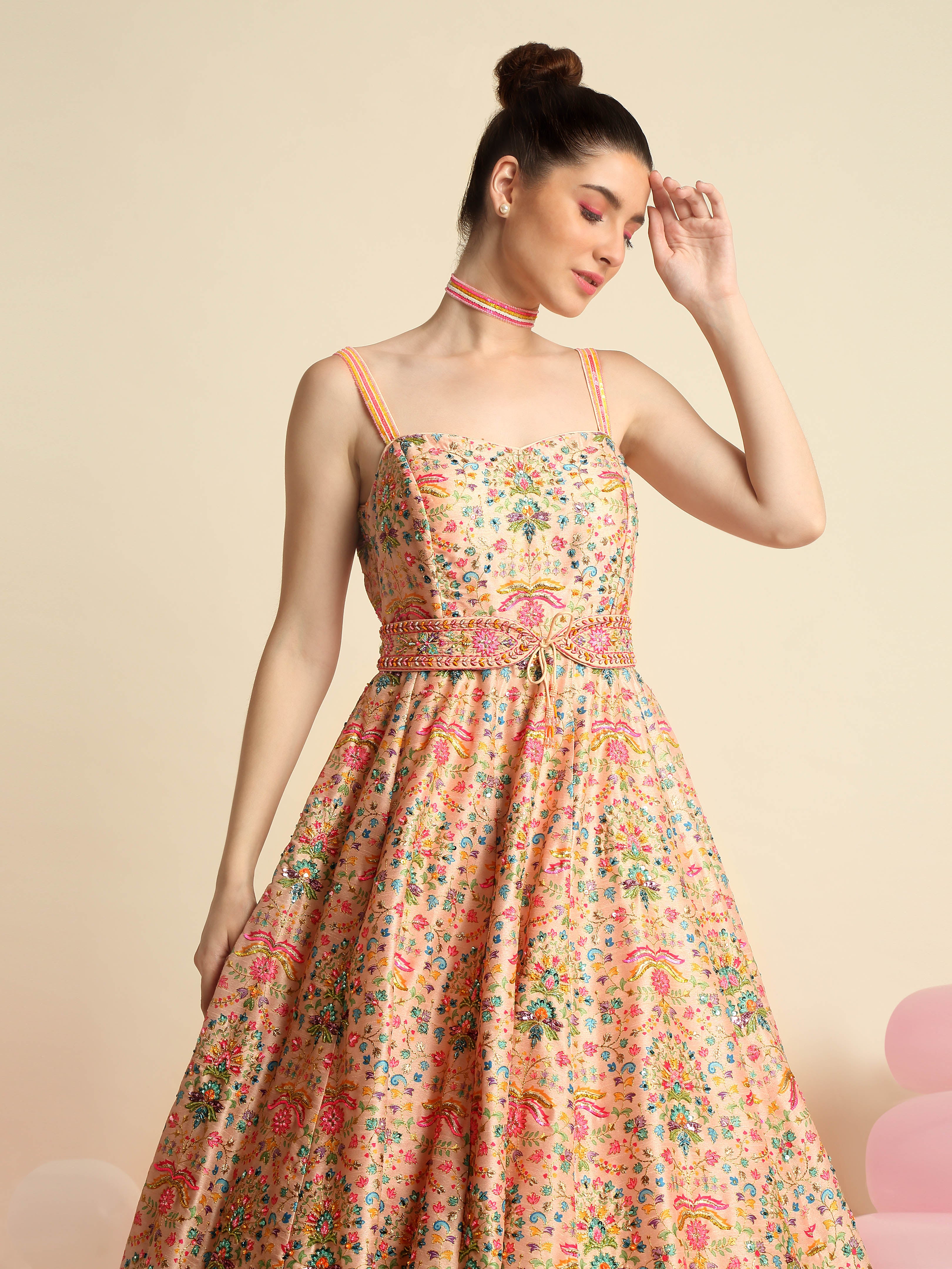 Peach Pink Printed & Embroidered Gown