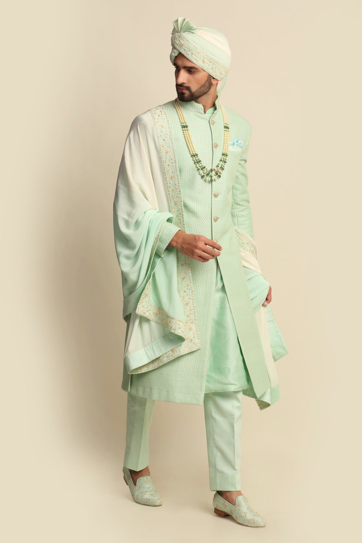 Mint Green Quilted Silk Full Groom Attire