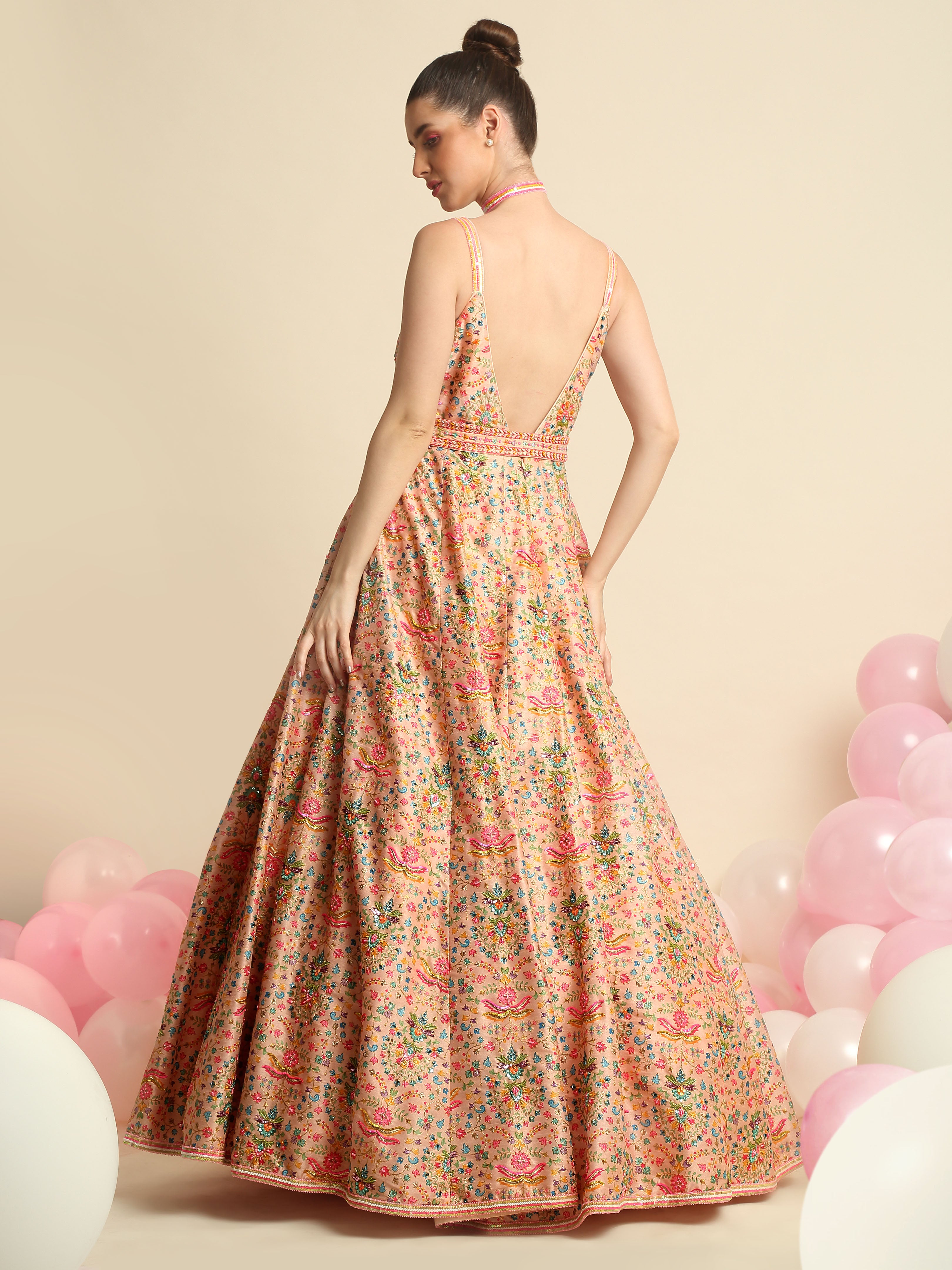 Peach Pink Printed & Embroidered Gown