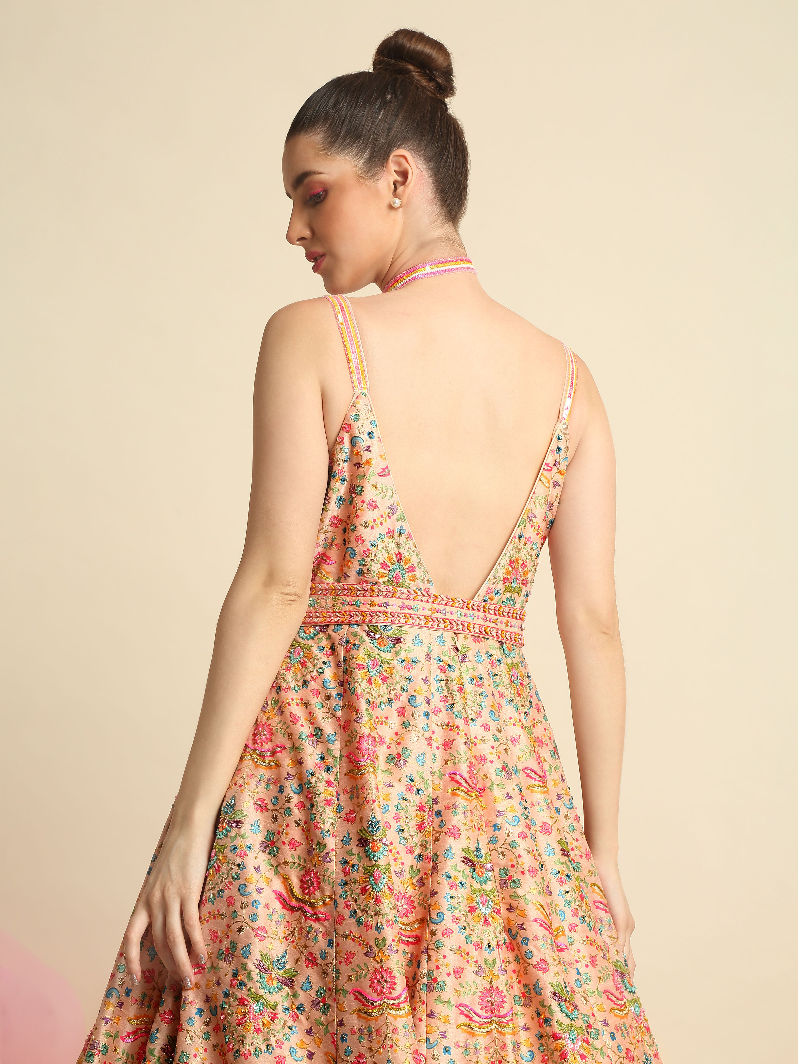 Peach Pink Printed & Embroidered Gown