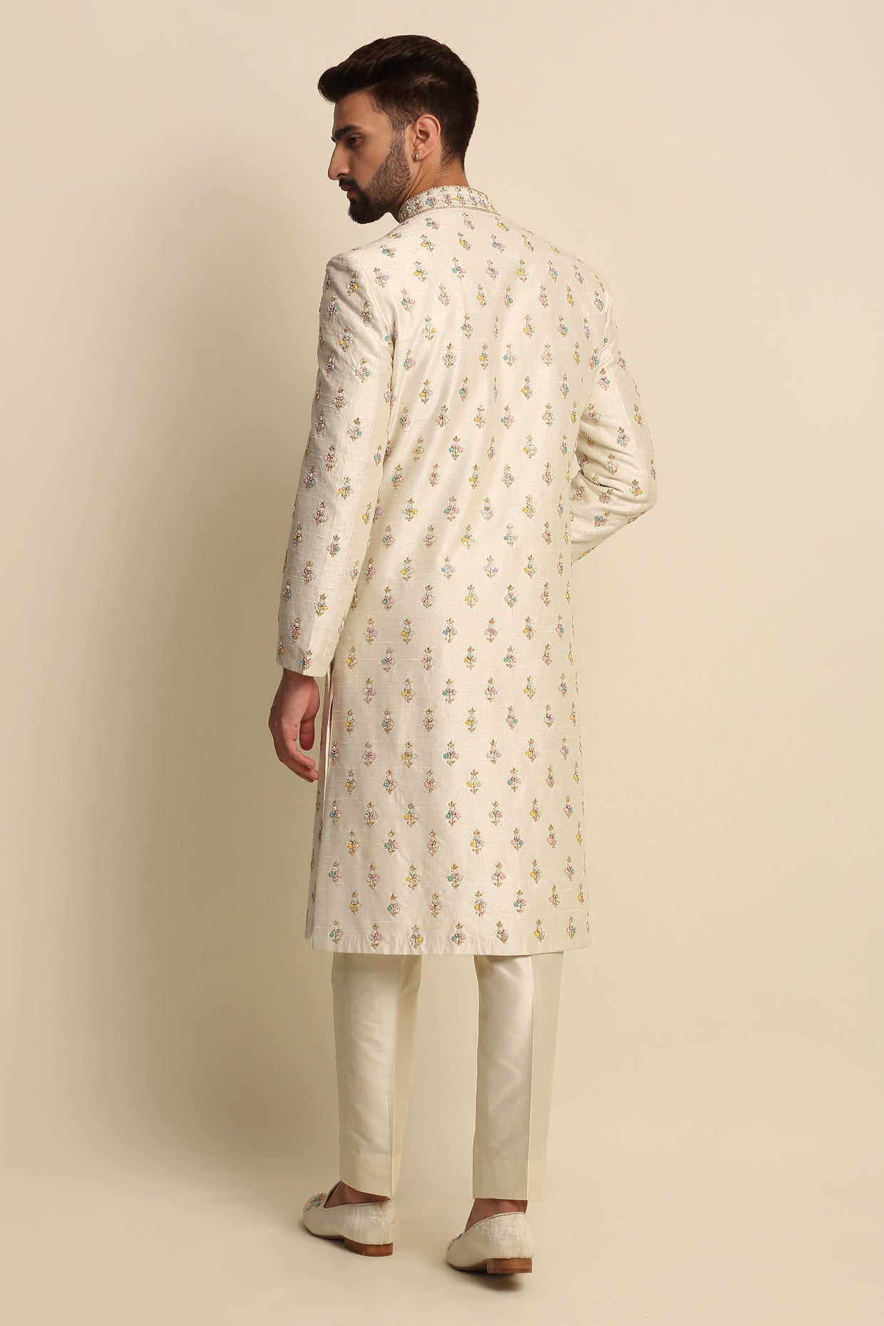 Cream Multicolored Embroidered Sherwani Set