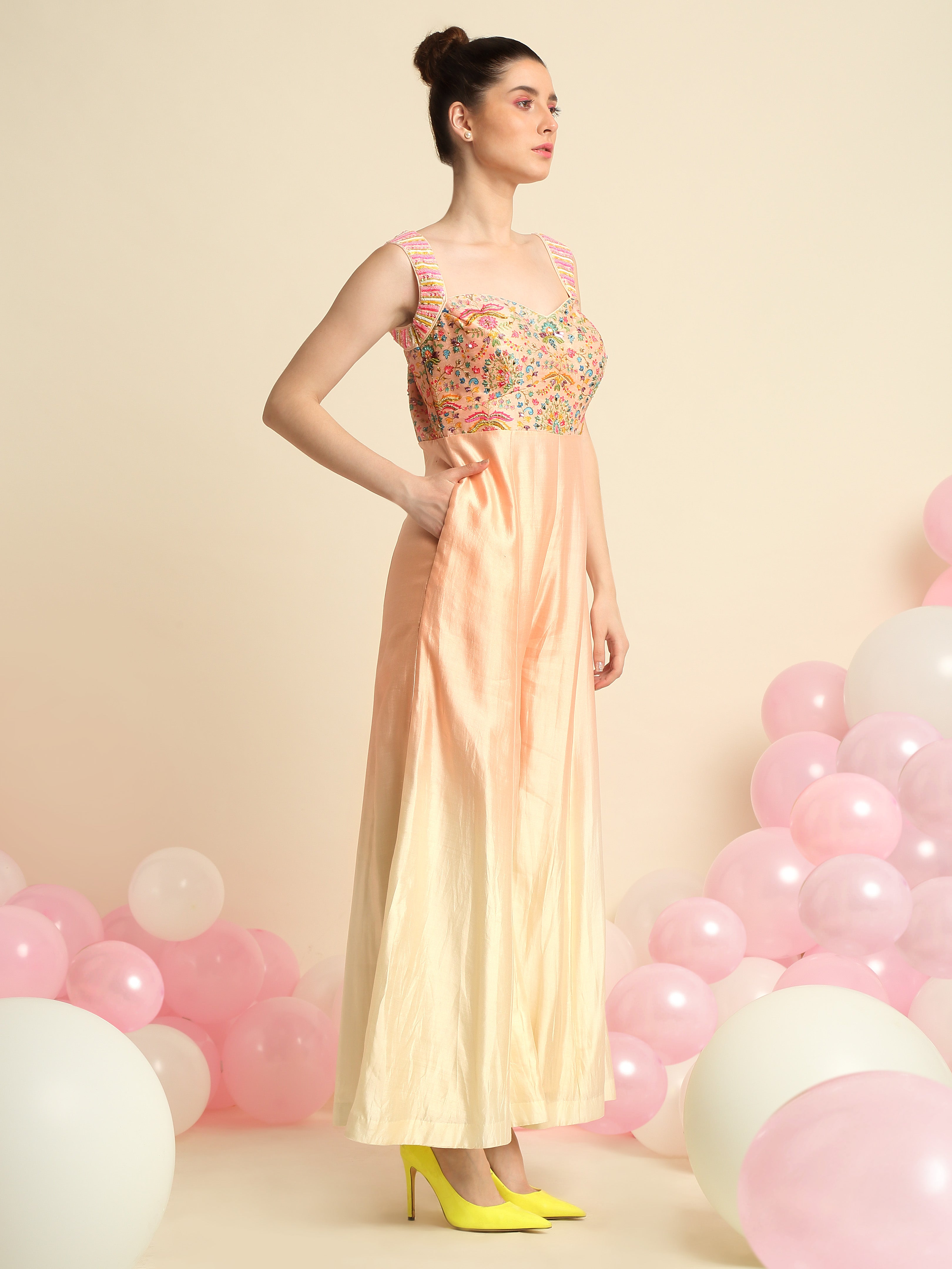 Peach Embroidered Ombre Dyed Jumpsuit