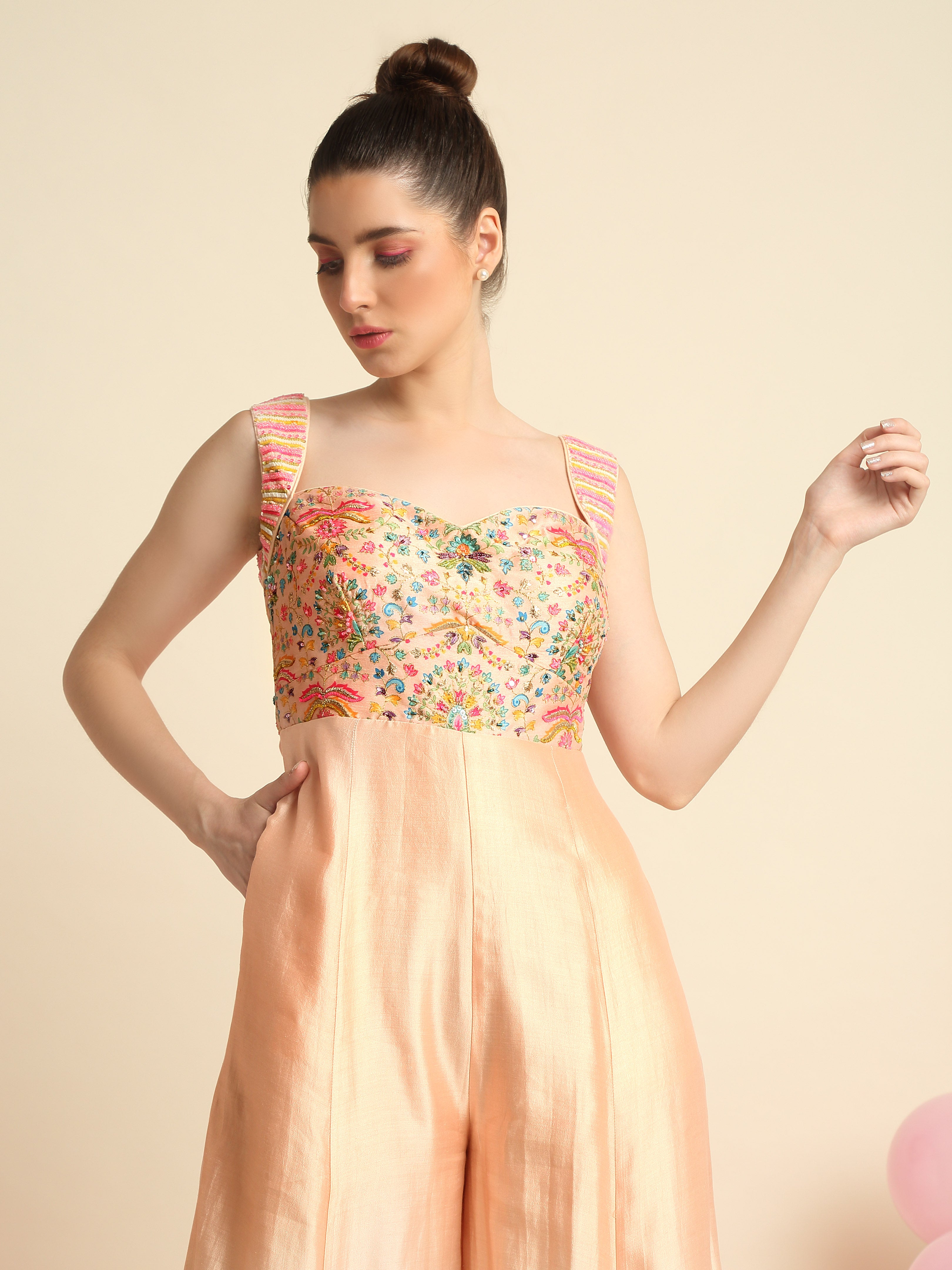 Peach Embroidered Ombre Dyed Jumpsuit