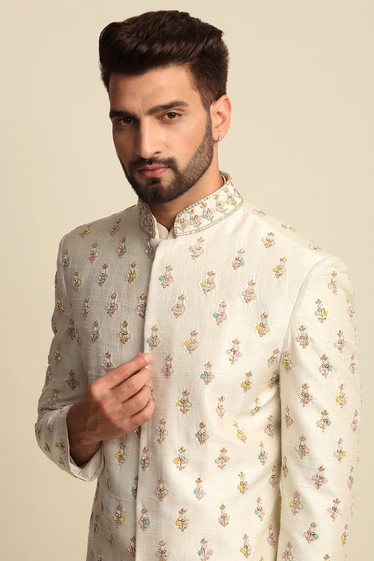 Cream Multicolored Embroidered Sherwani Set