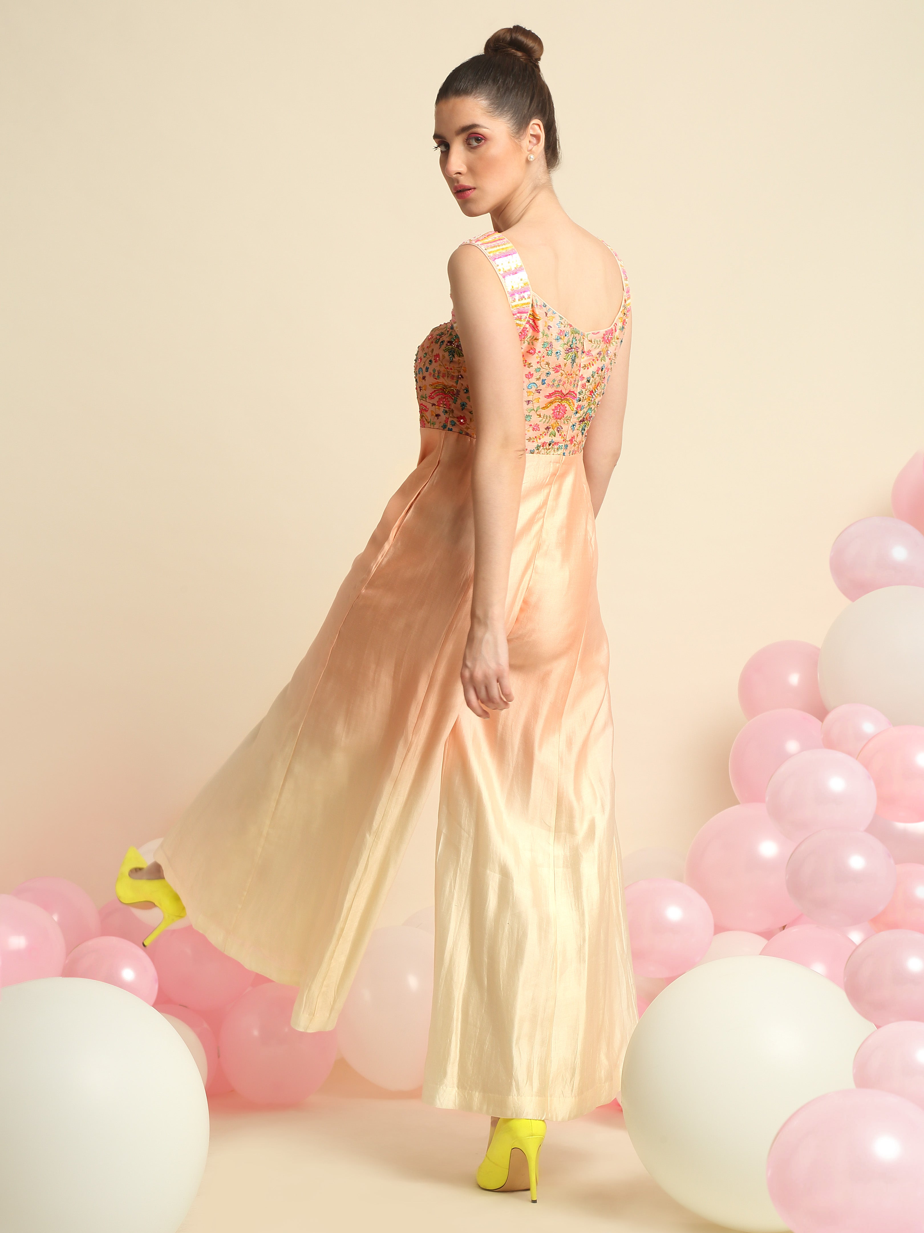 Peach Embroidered Ombre Dyed Jumpsuit