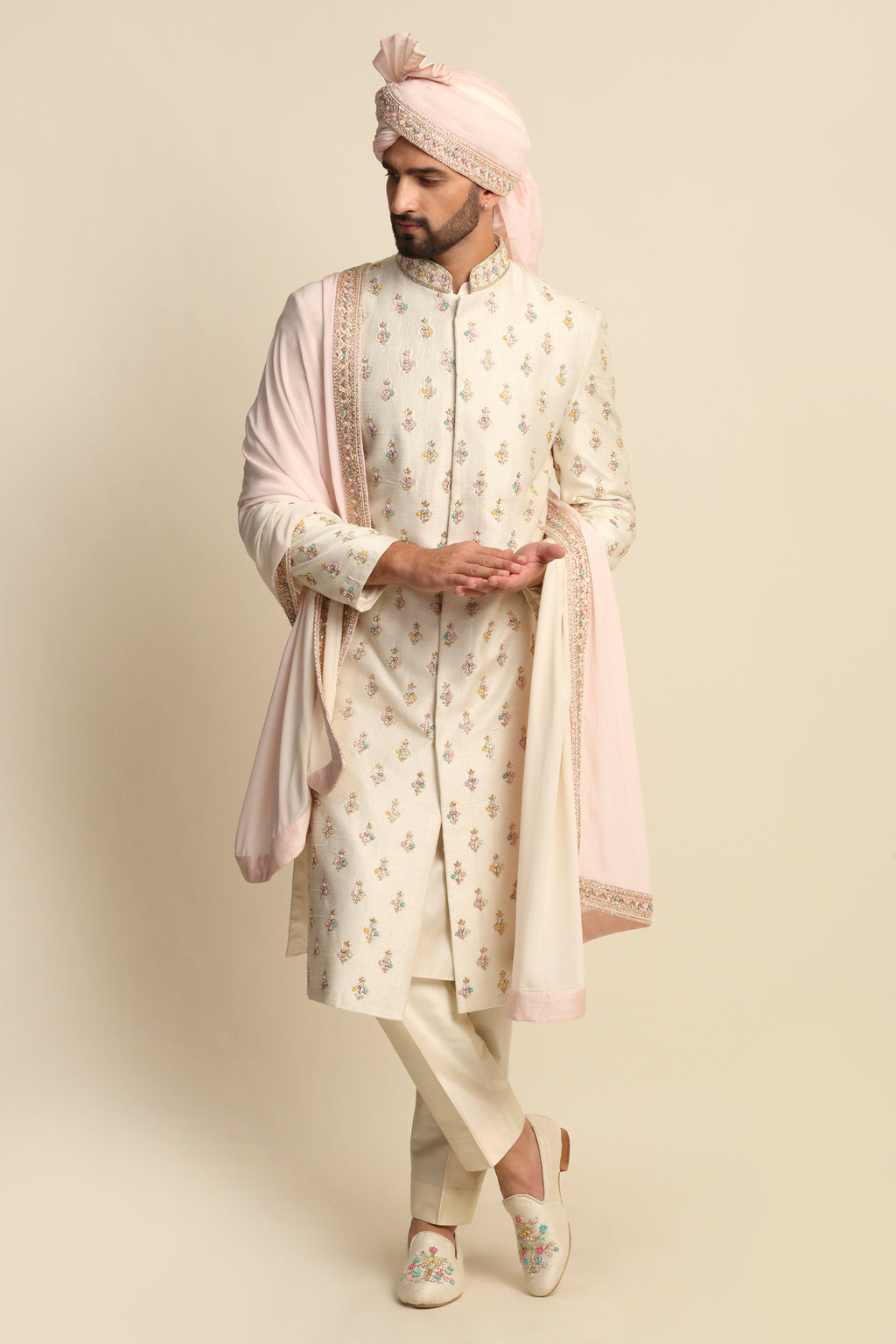 Cream Multicolored Embroidered Full Groom Attire