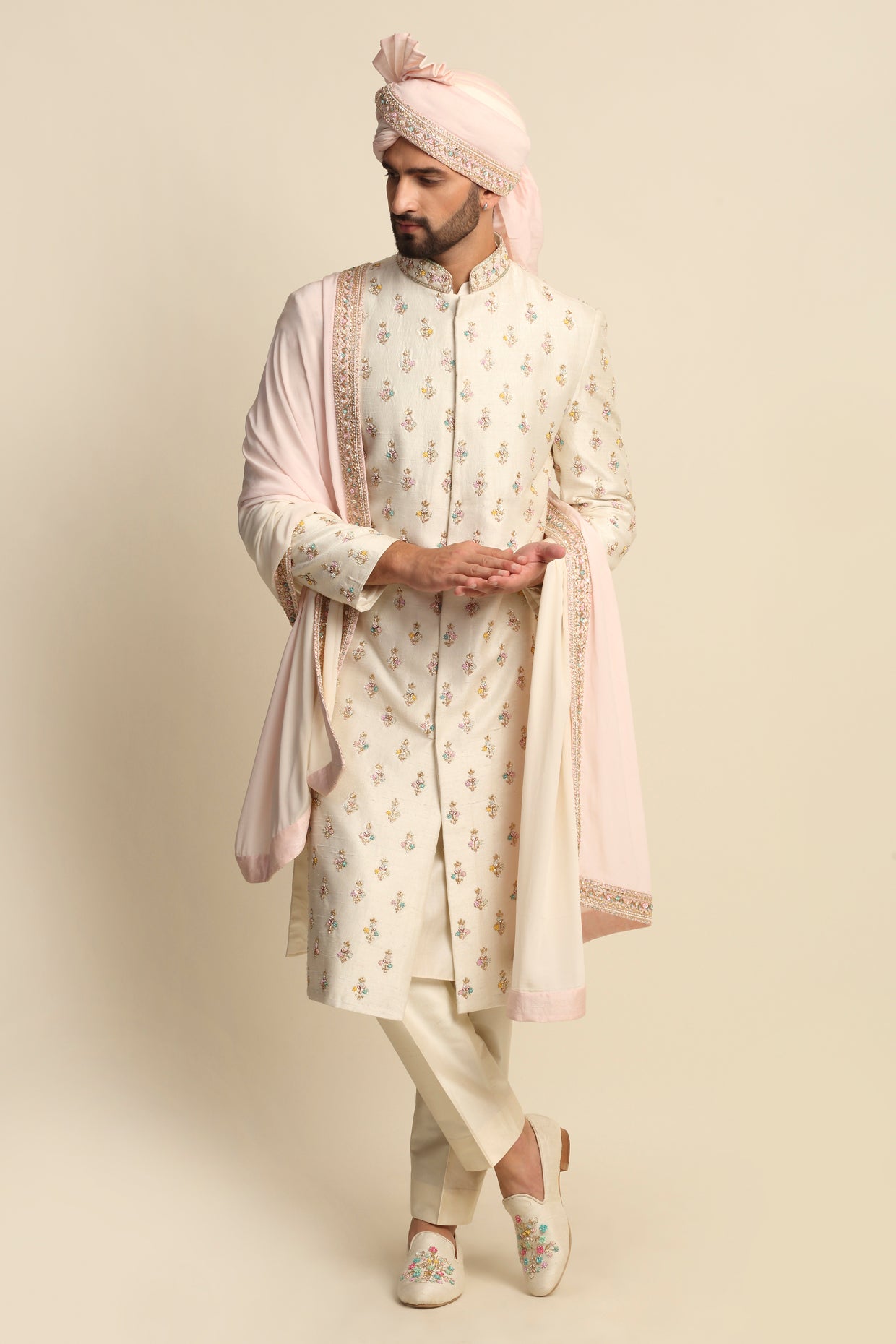 Cream Multicolored Embroidered Full Groom Attire
