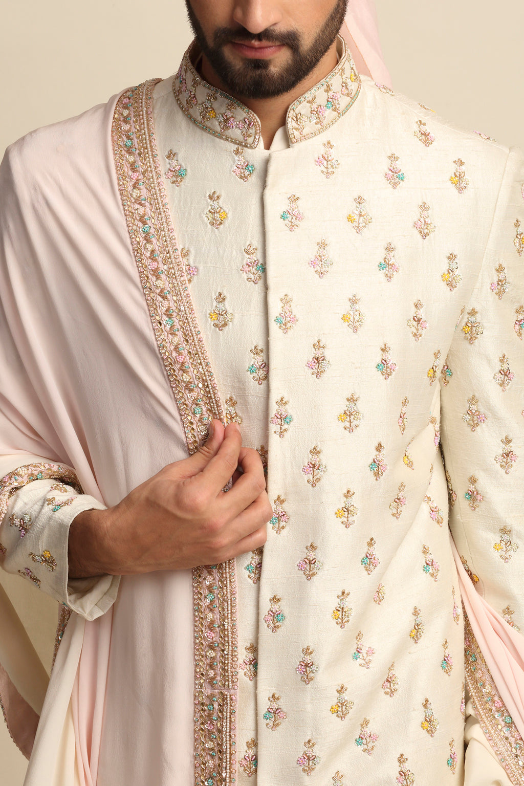 Cream Multicolored Embroidered Full Groom Attire