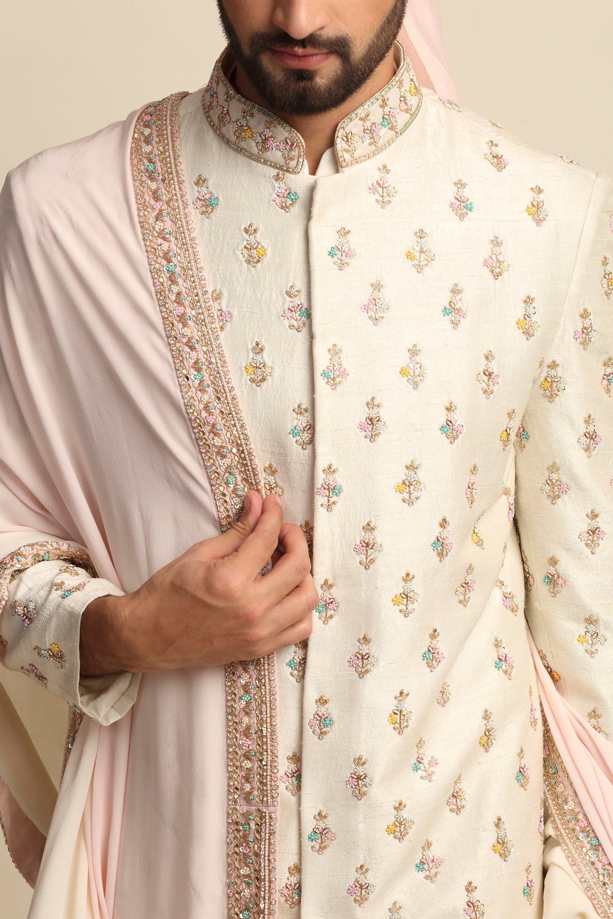Cream Multicolored Embroidered Full Groom Attire