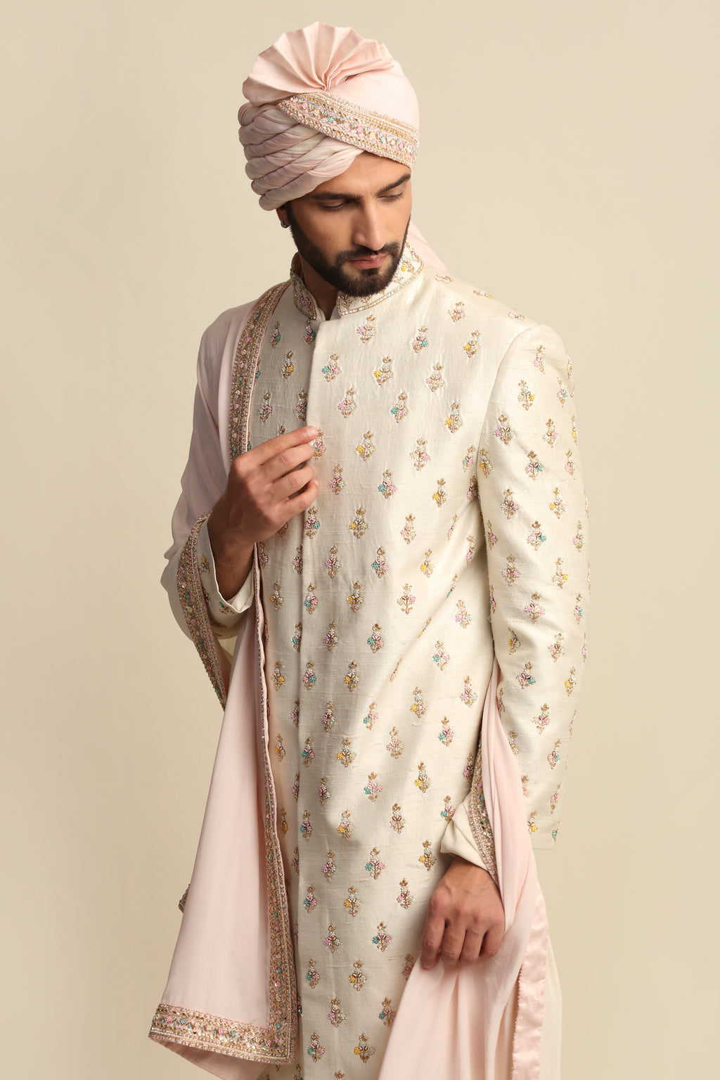 Cream Multicolored Embroidered Full Groom Attire