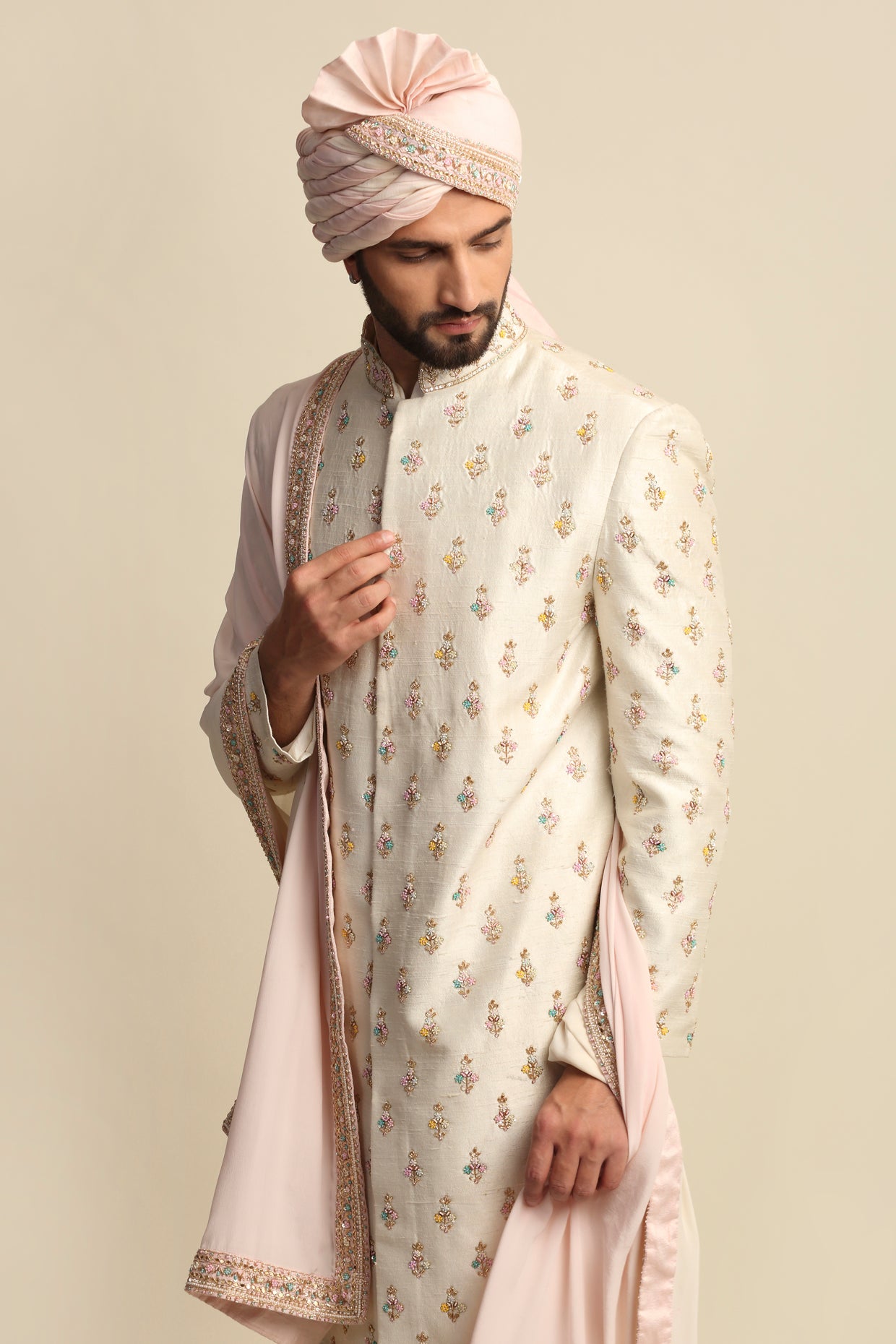 Cream Multicolored Embroidered Full Groom Attire
