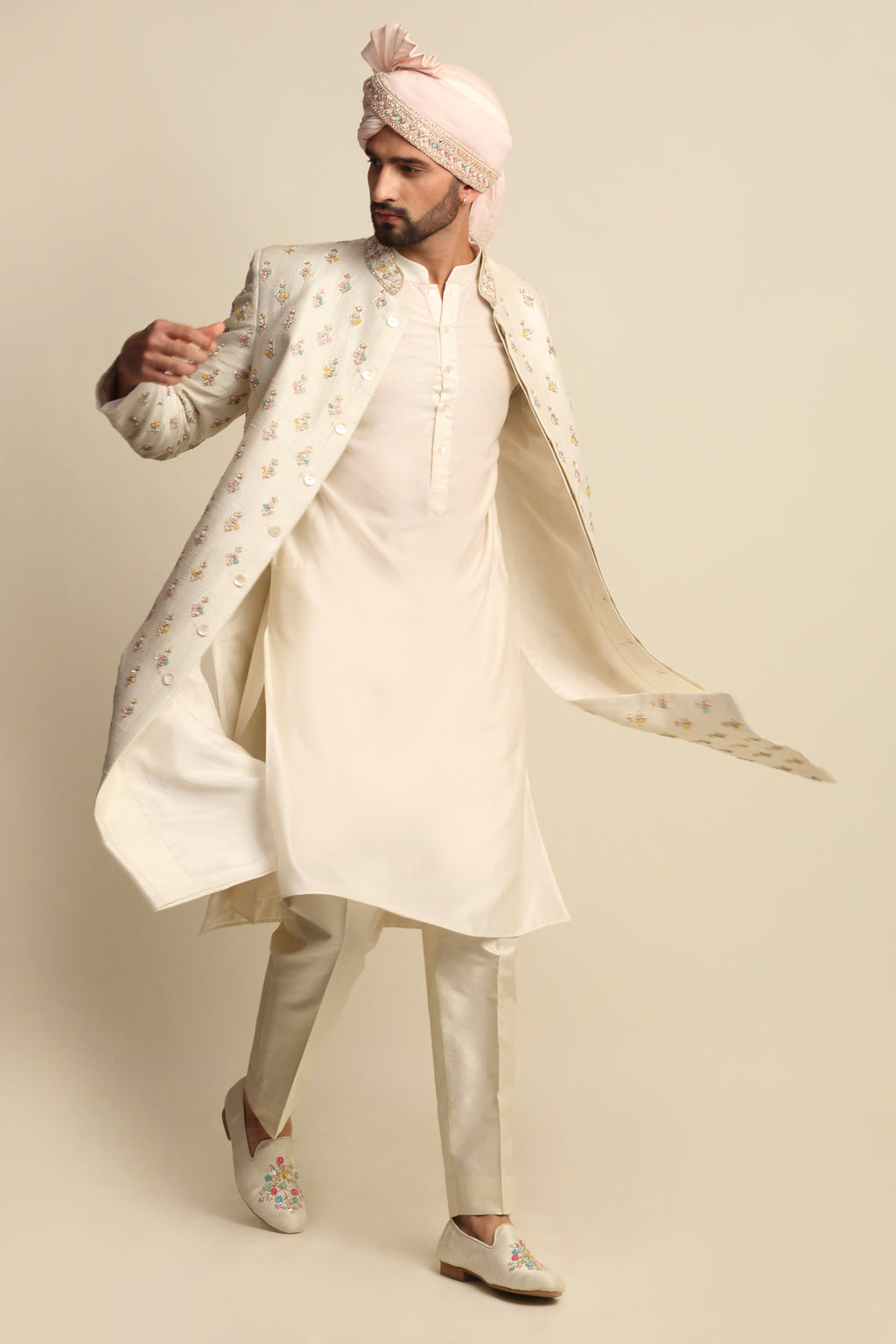 Cream Multicolored Embroidered Full Groom Attire