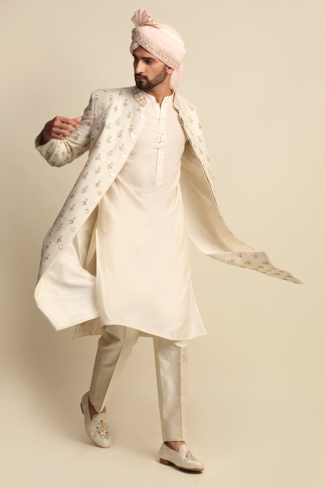 Cream Multicolored Embroidered Full Groom Attire