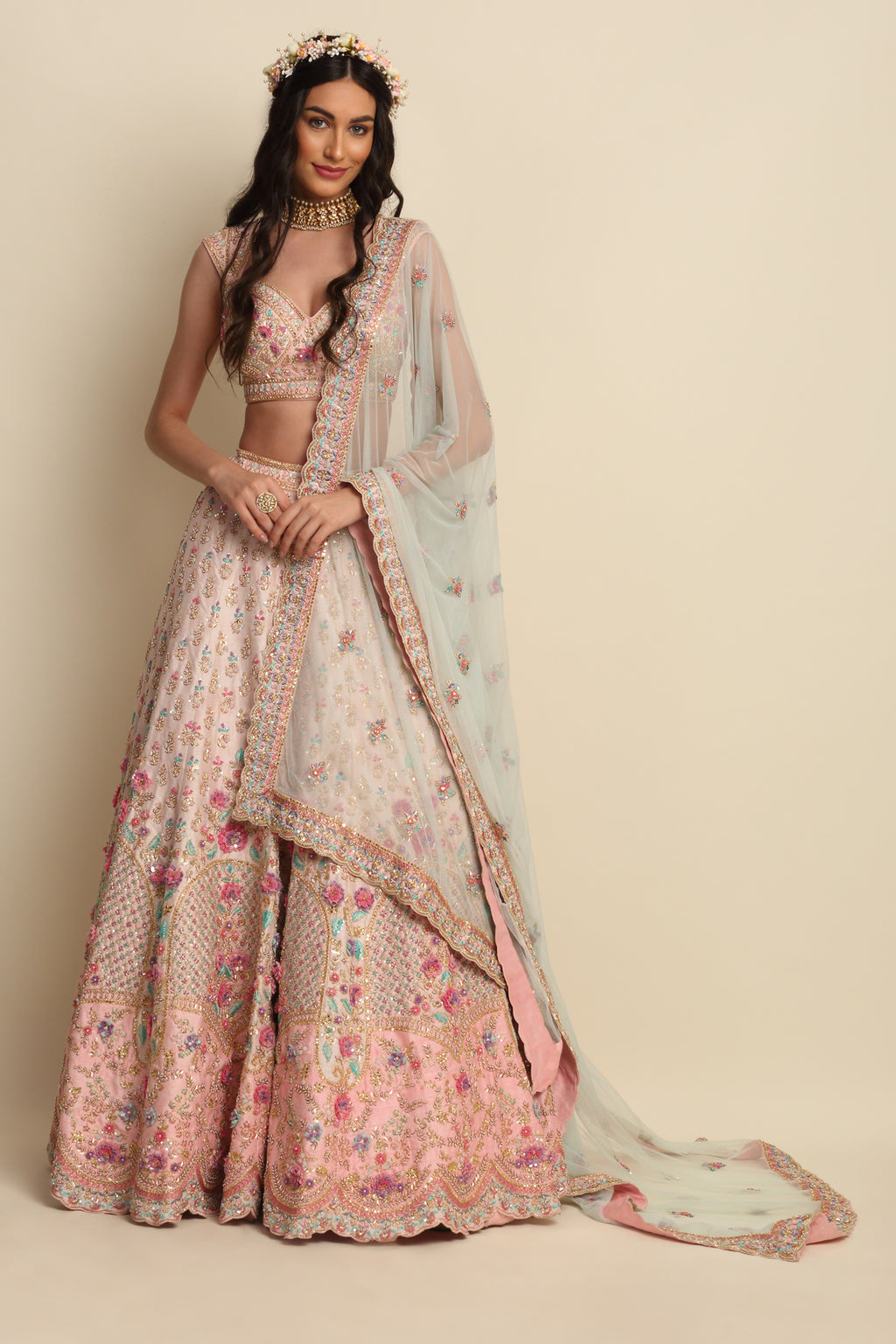 Pastel Pink Hand Embroidered Bridal Lehenga Set