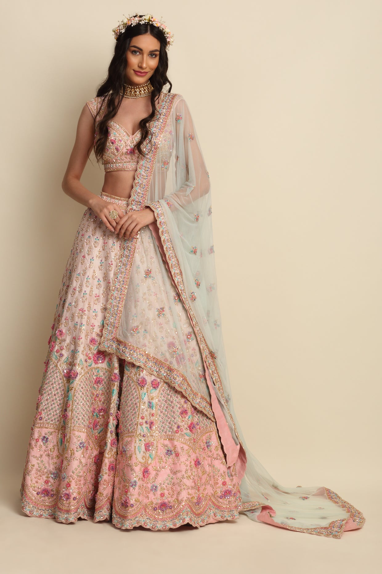 Pastel Pink Hand Embroidered Bridal Lehenga Set