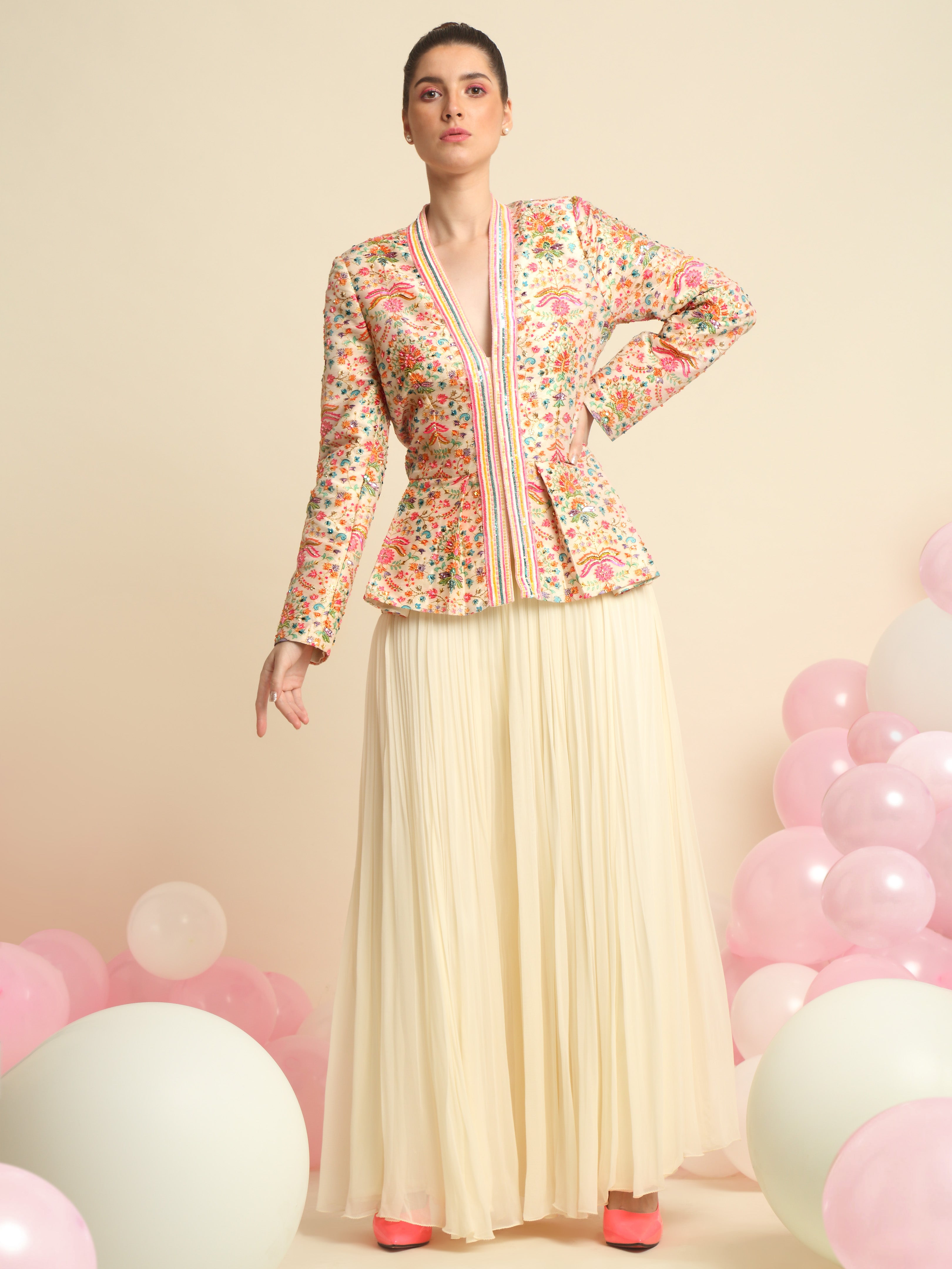 Ivory Printed And Embroidered Peplum Jacket Set