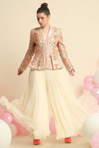 Ivory Printed And Embroidered Peplum Jacket Set