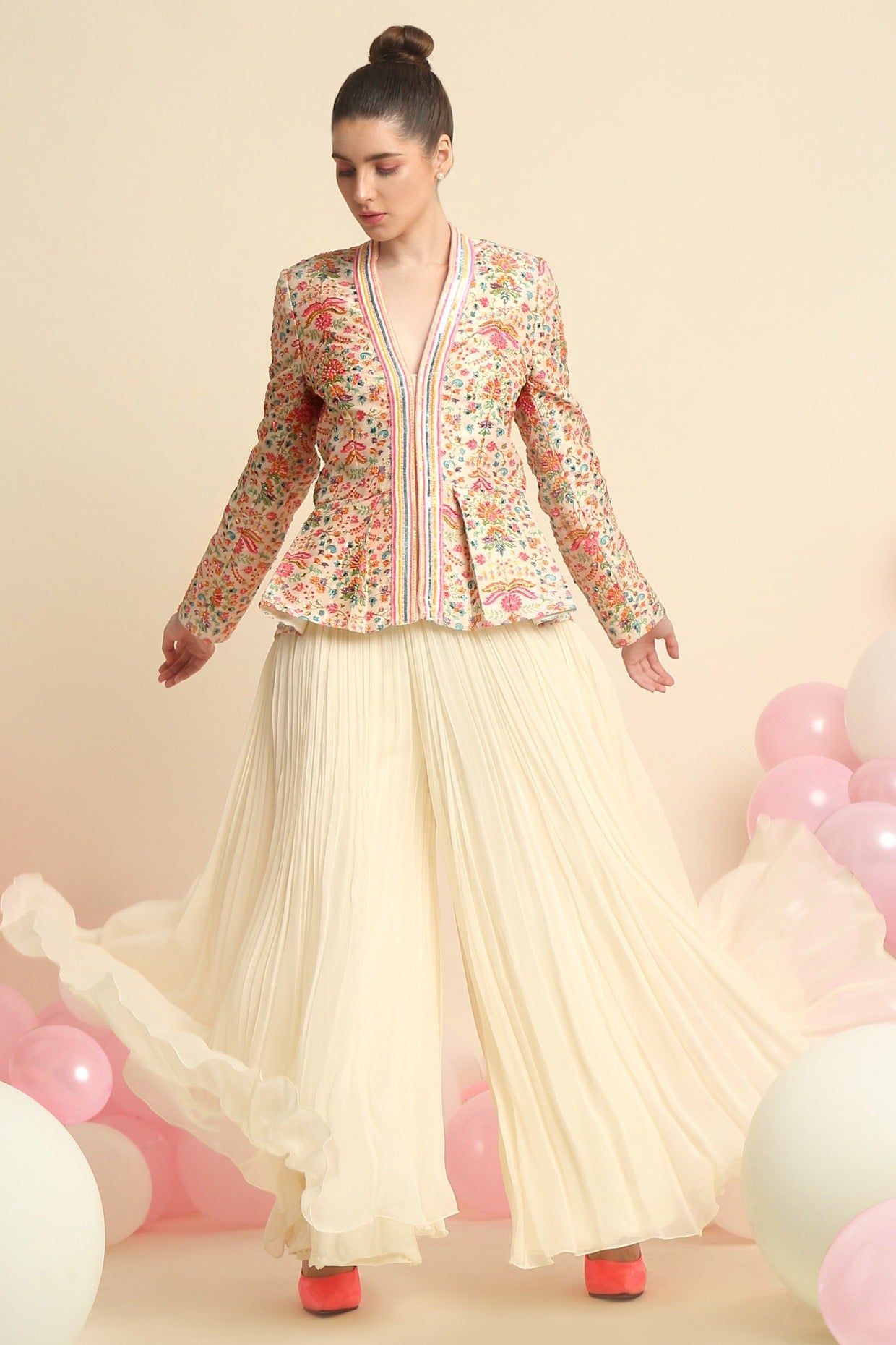 Ivory Printed And Embroidered Peplum Jacket Set
