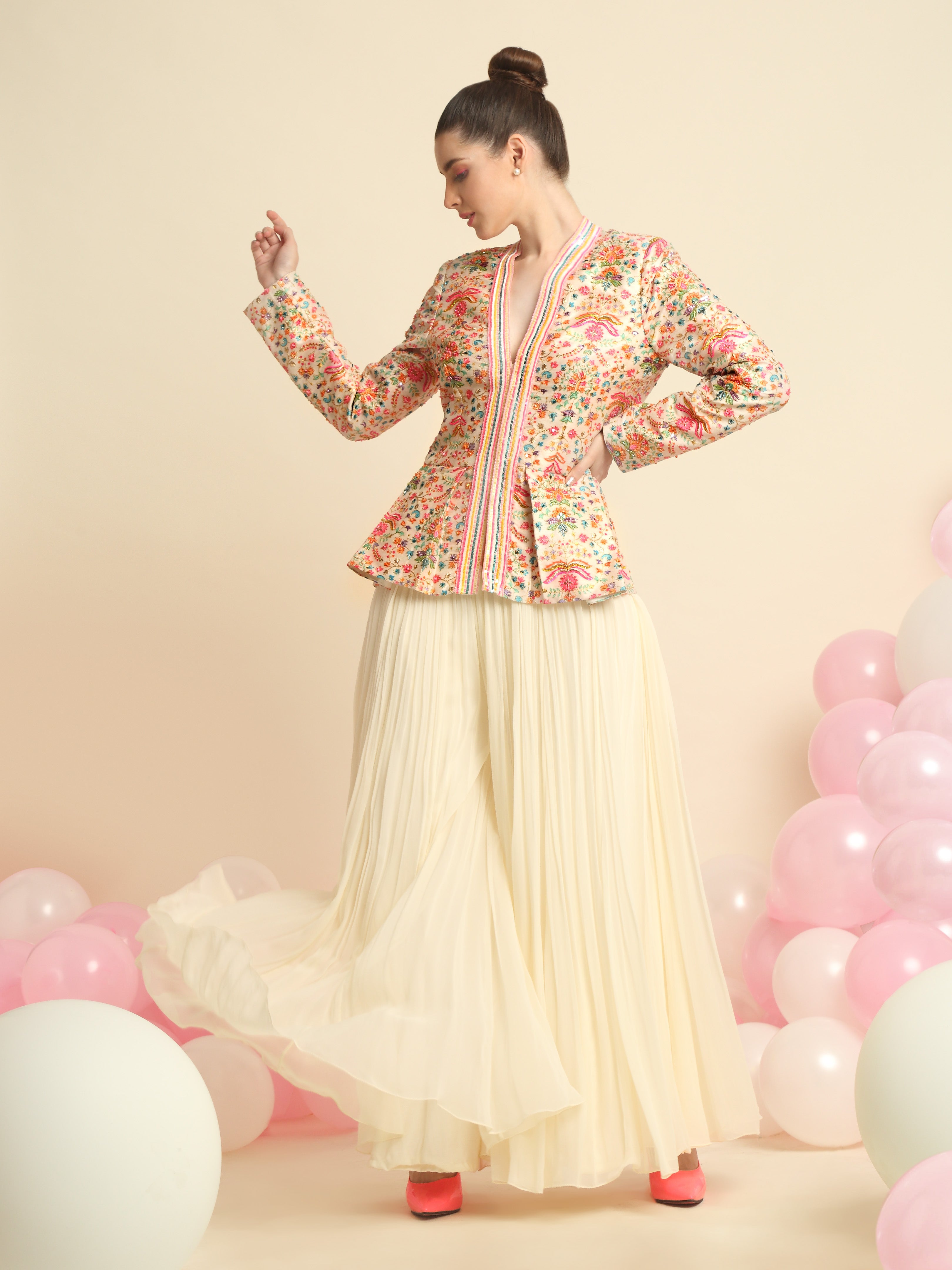 Ivory Printed And Embroidered Peplum Jacket Set