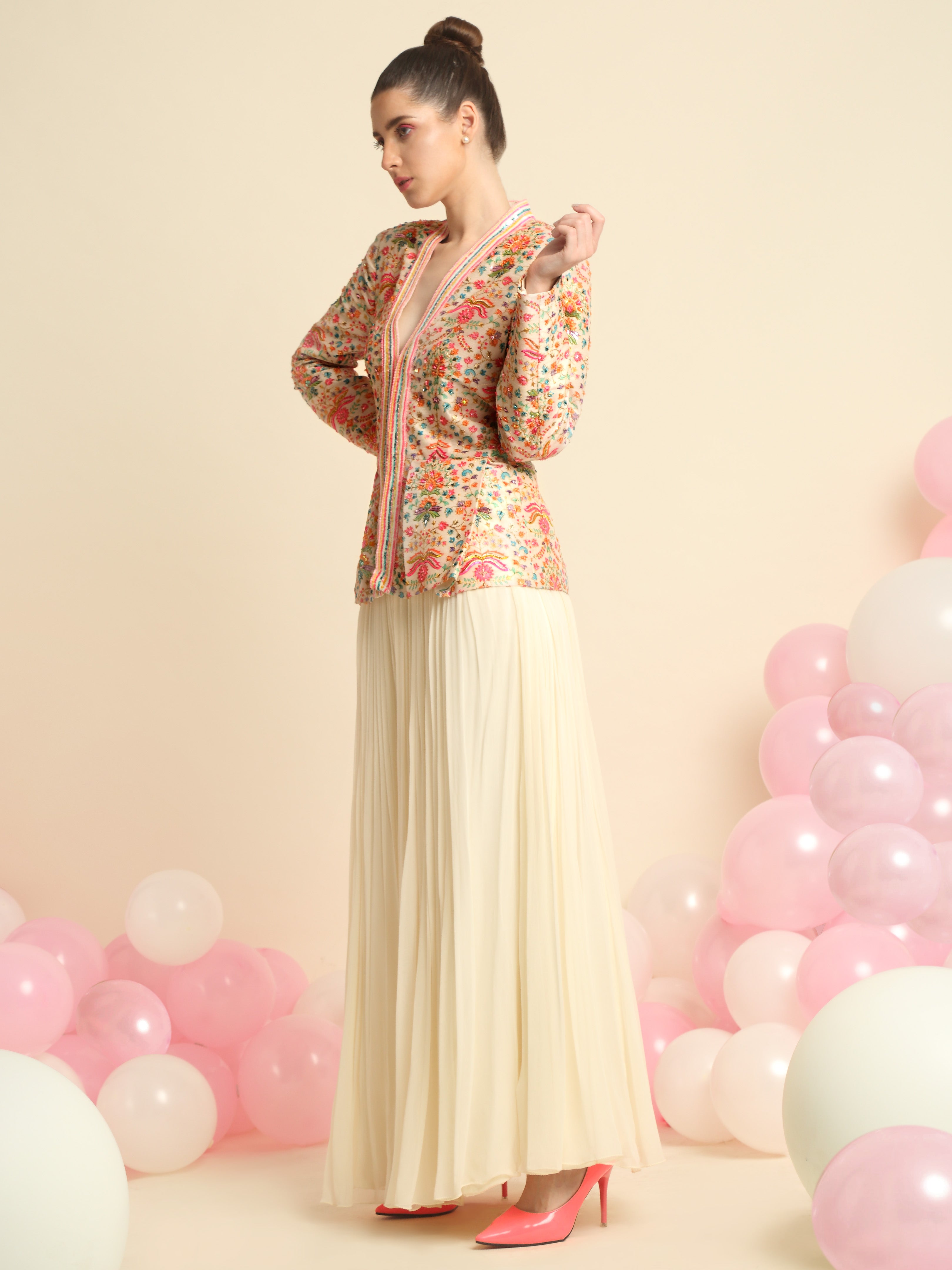 Ivory Printed And Embroidered Peplum Jacket Set