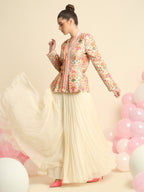 Ivory Printed And Embroidered Peplum Jacket Set