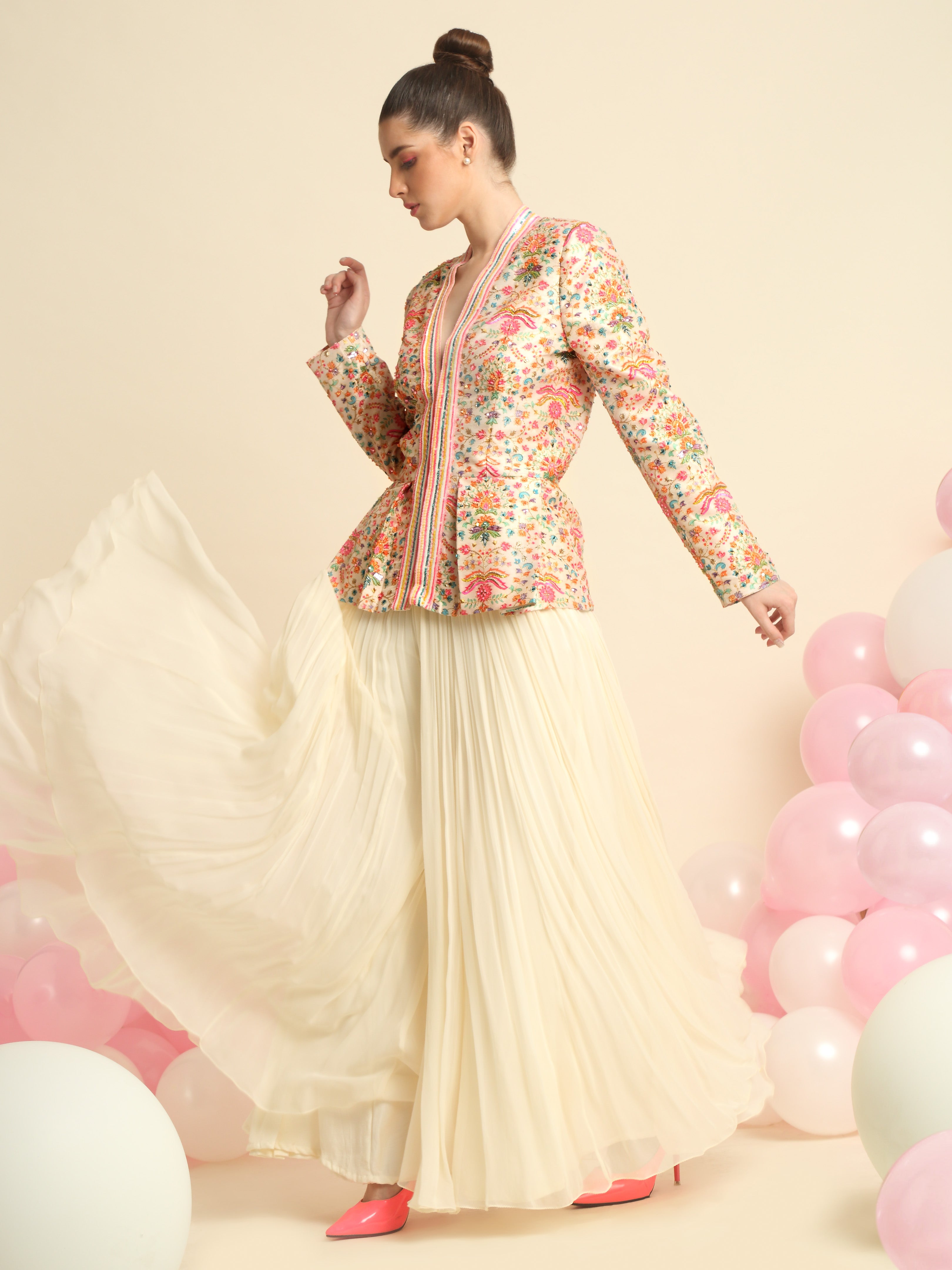 Ivory Printed And Embroidered Peplum Jacket Set