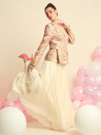 Ivory Printed And Embroidered Peplum Jacket Set