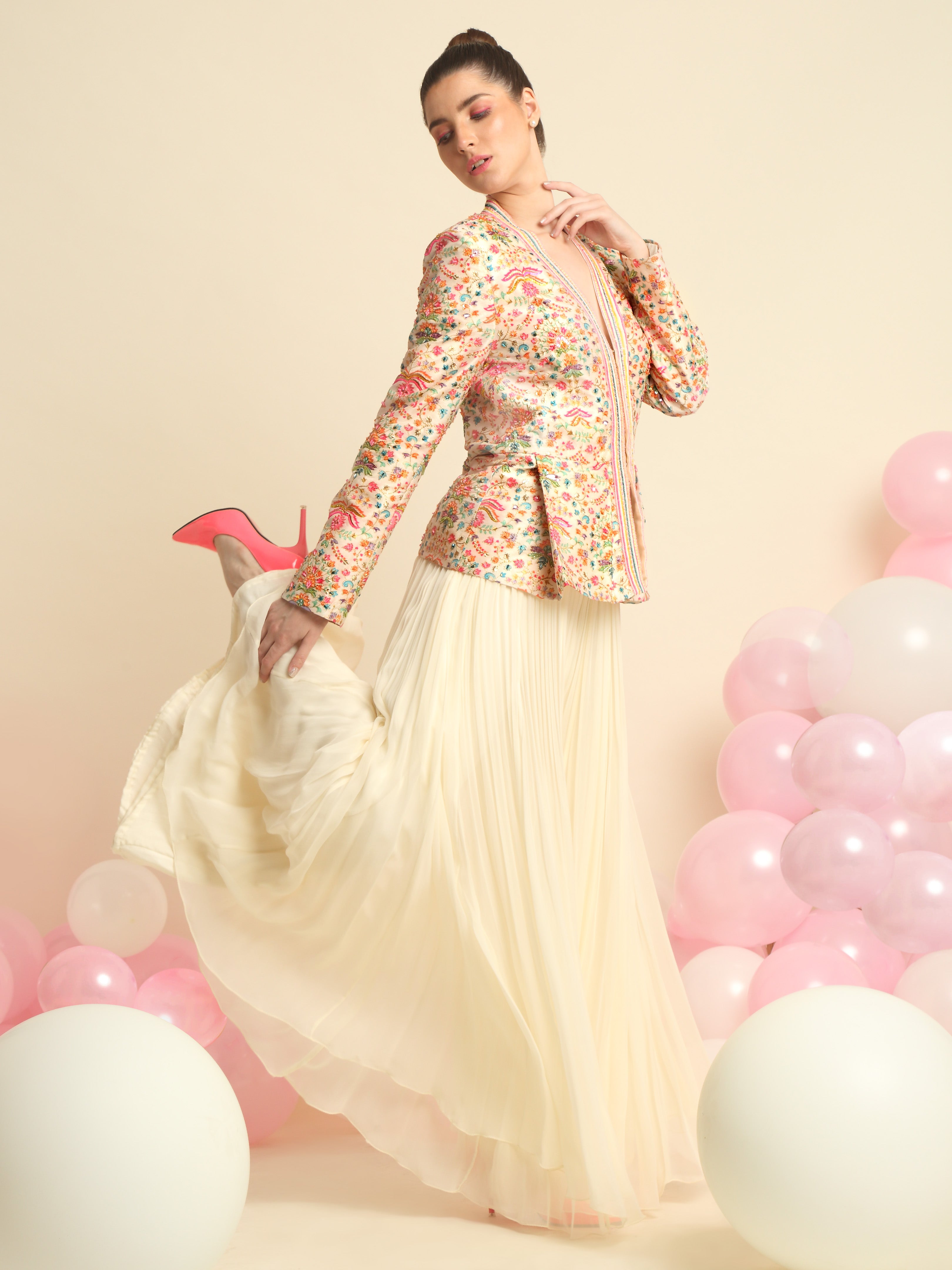 Ivory Printed And Embroidered Peplum Jacket Set