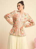 Ivory Printed And Embroidered Peplum Jacket Set