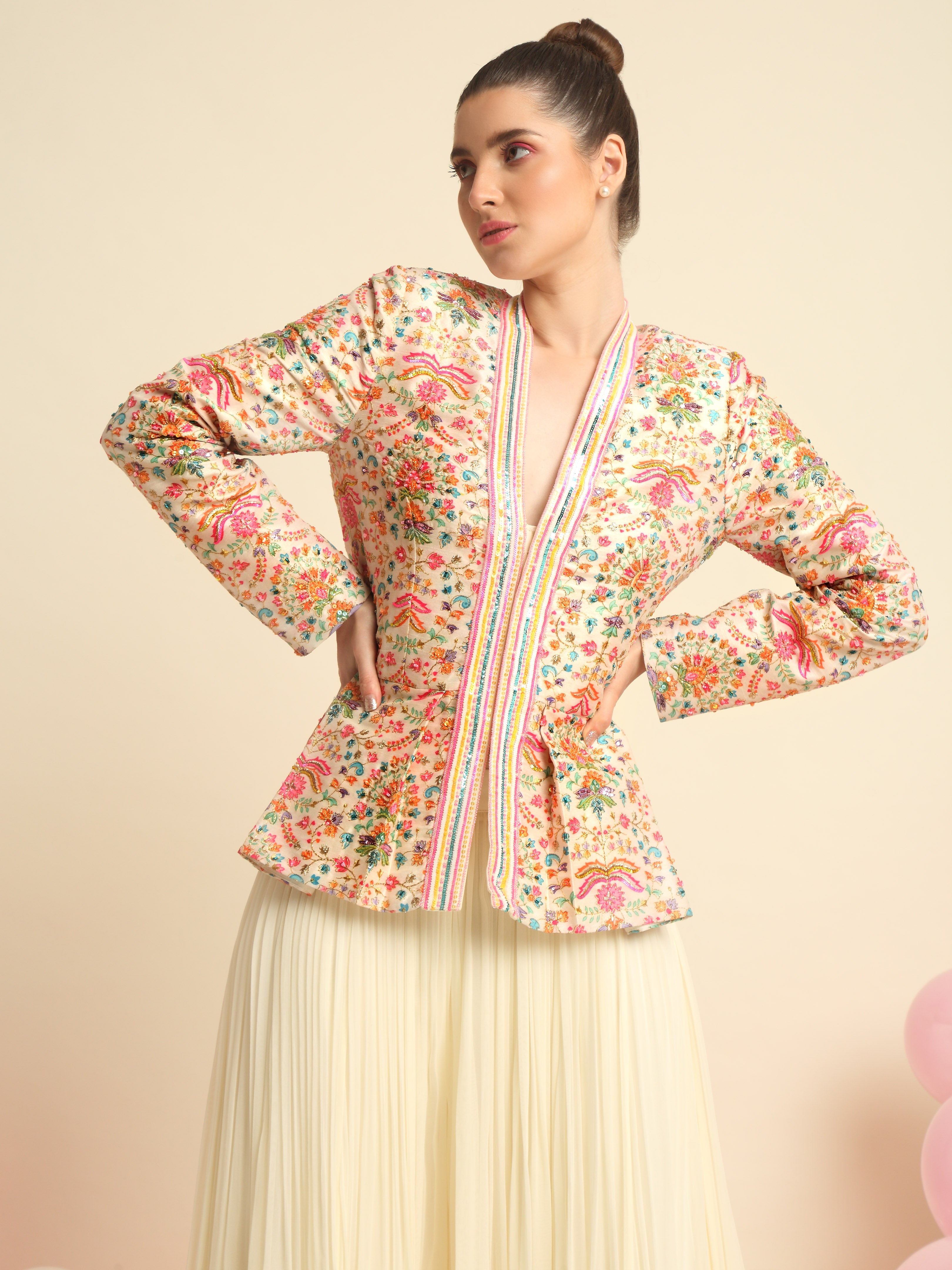 Ivory Printed And Embroidered Peplum Jacket Set