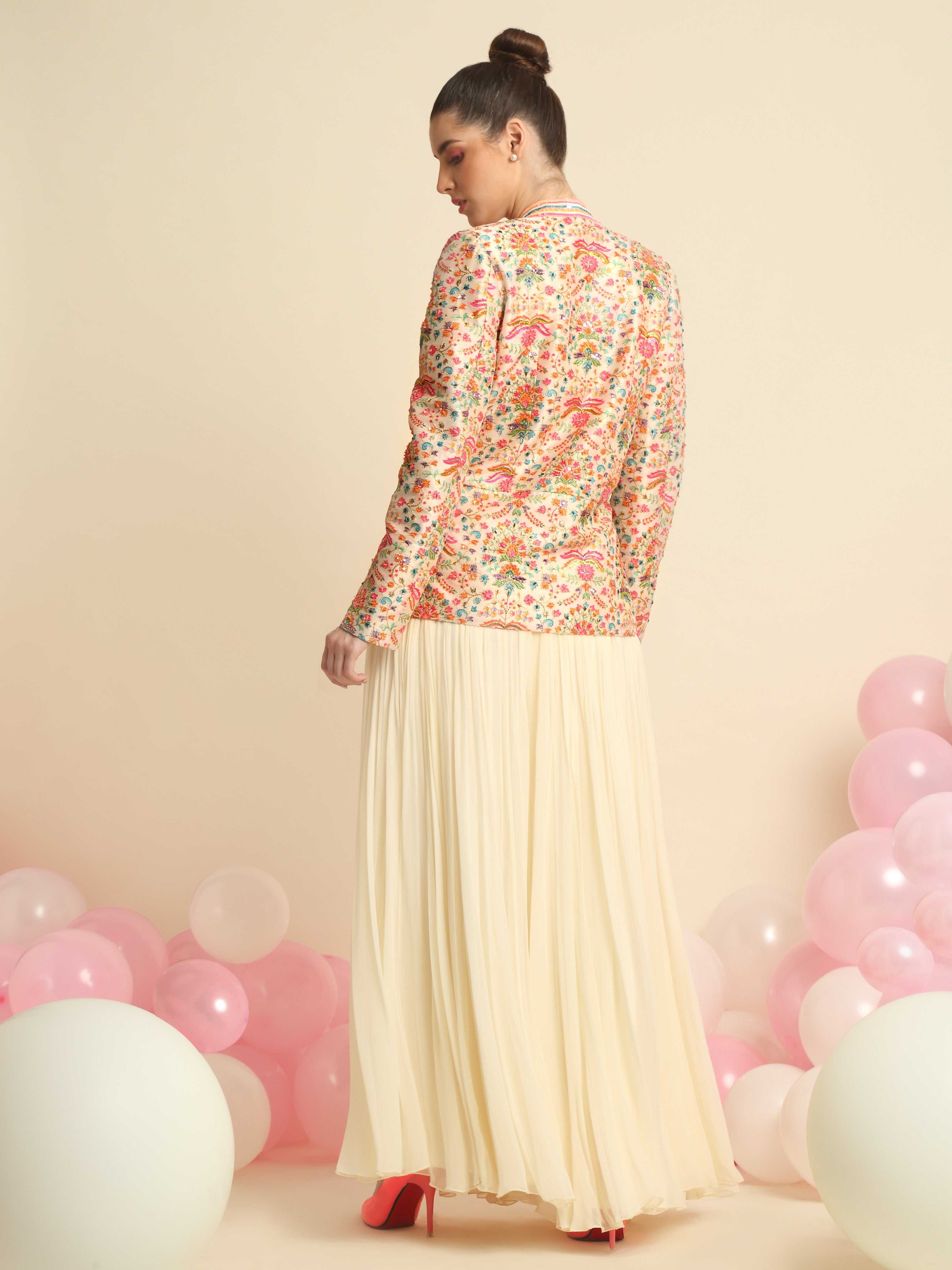 Ivory Printed And Embroidered Peplum Jacket Set