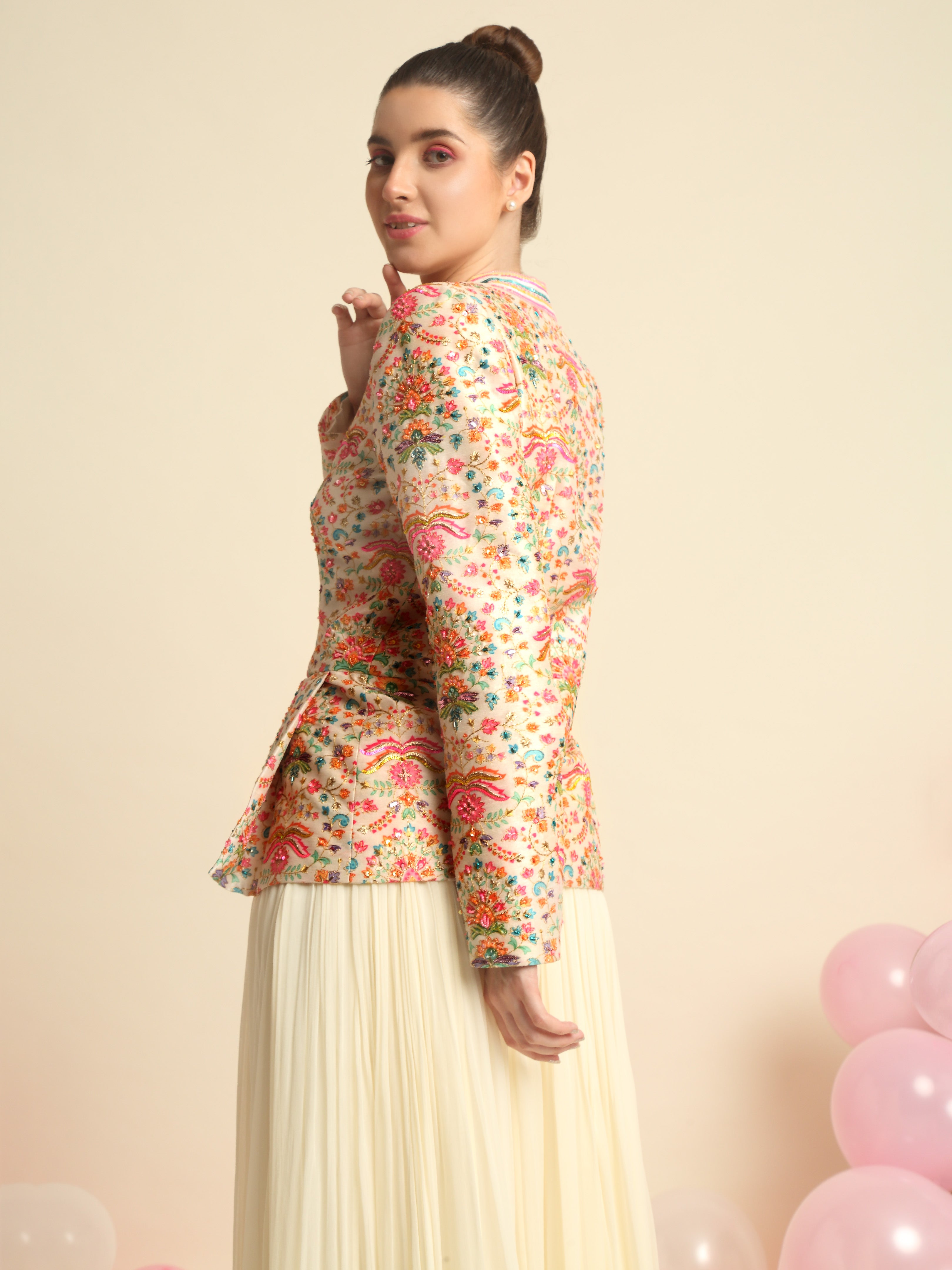 Ivory Printed And Embroidered Peplum Jacket Set