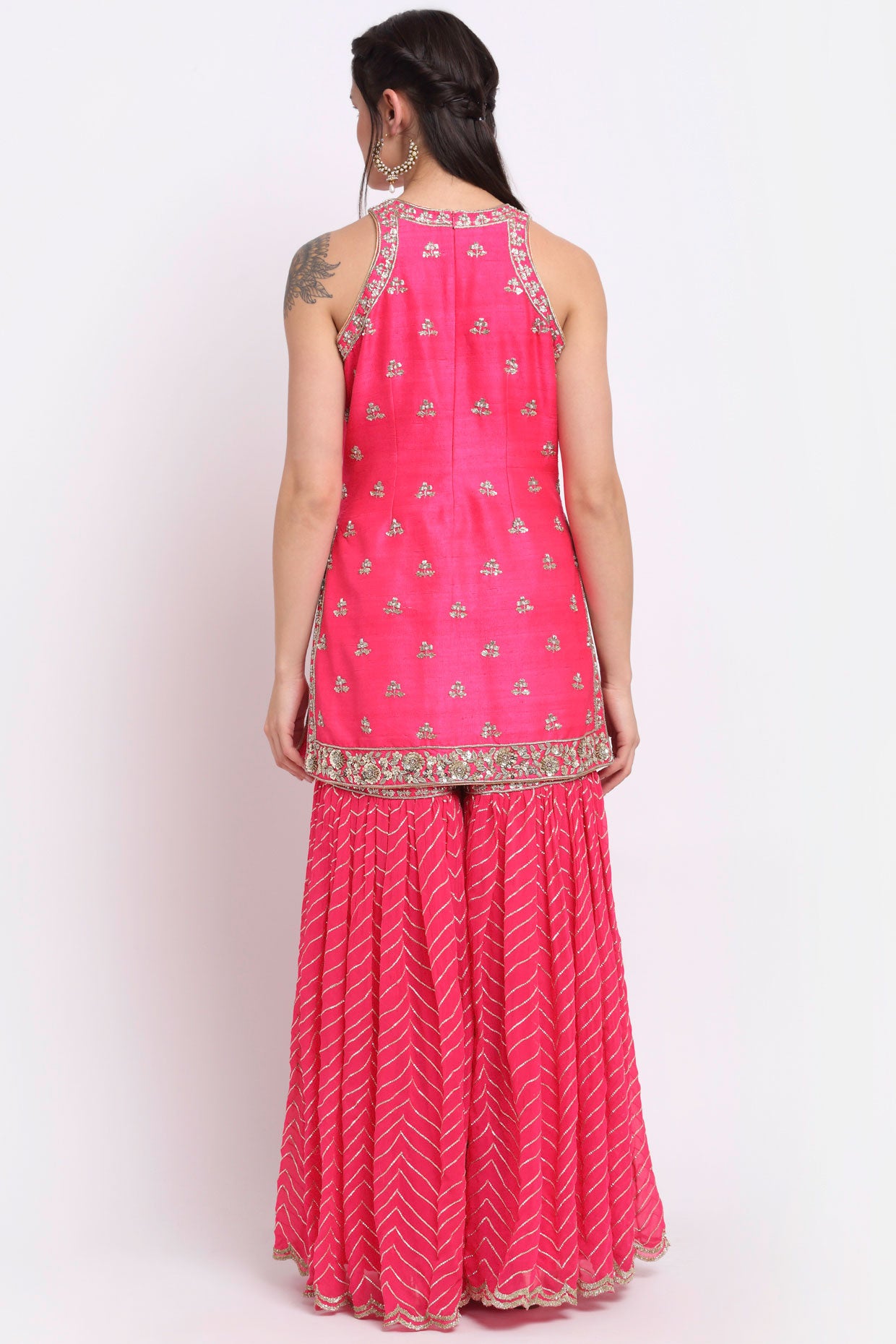 Fuchsia Pink Halter Neck embroidered Sharara Set