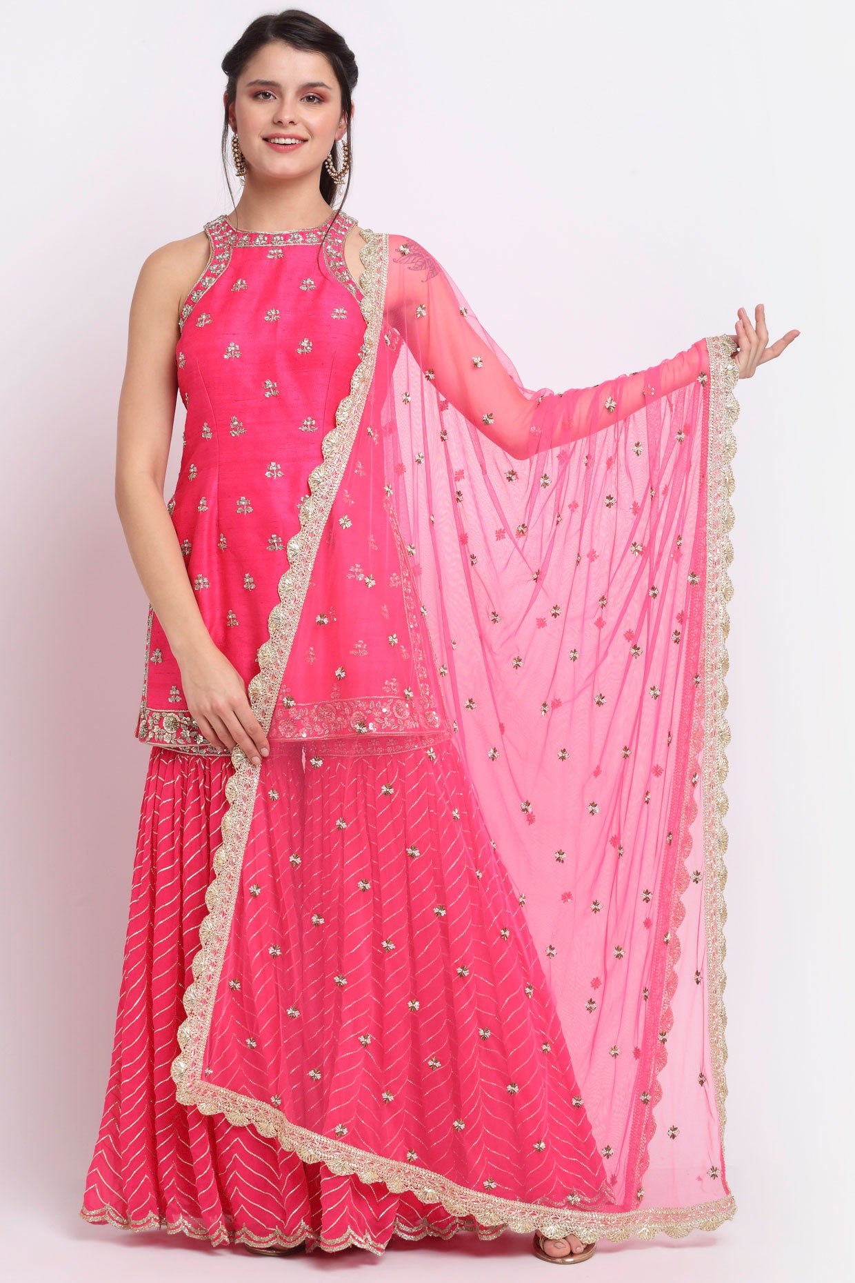 Fuchsia Pink Halter Neck Embroidered Sharara Set