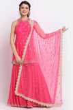 Fuchsia Pink Halter Neck embroidered Sharara Set