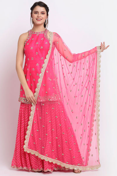 Fuchsia Pink Halter Neck embroidered Sharara Set