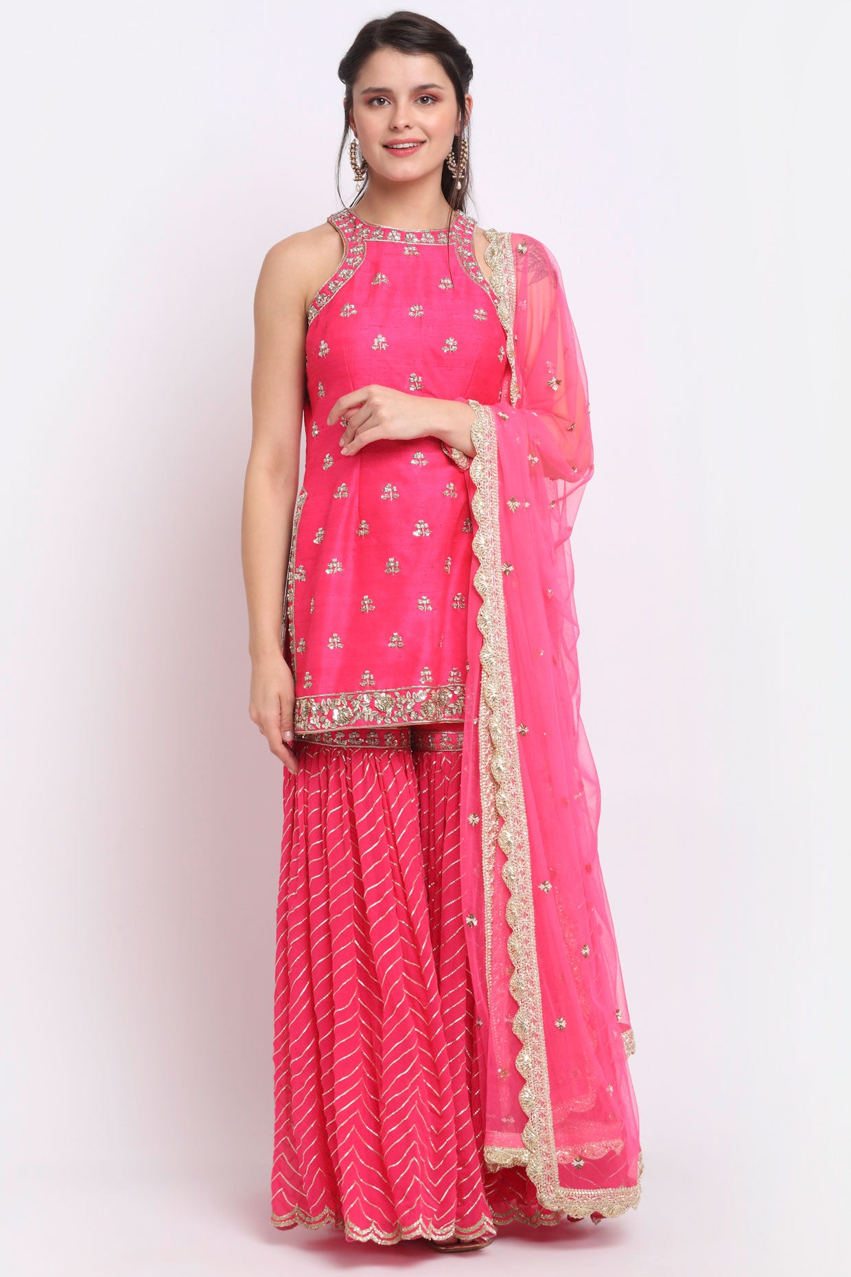 Fuchsia Pink Halter Neck embroidered Sharara Set