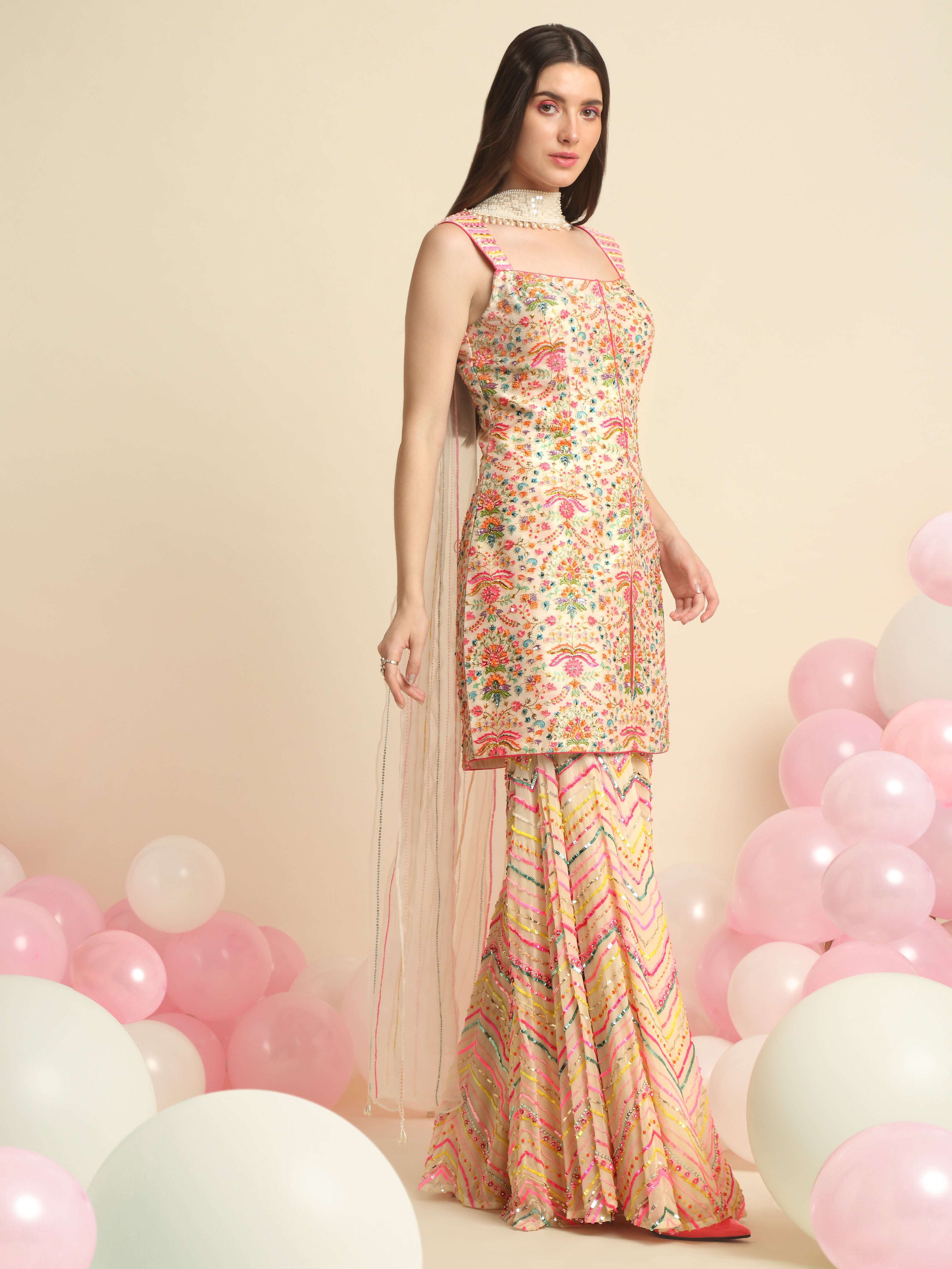 Ivory Printed & Embroidered Sharara Set