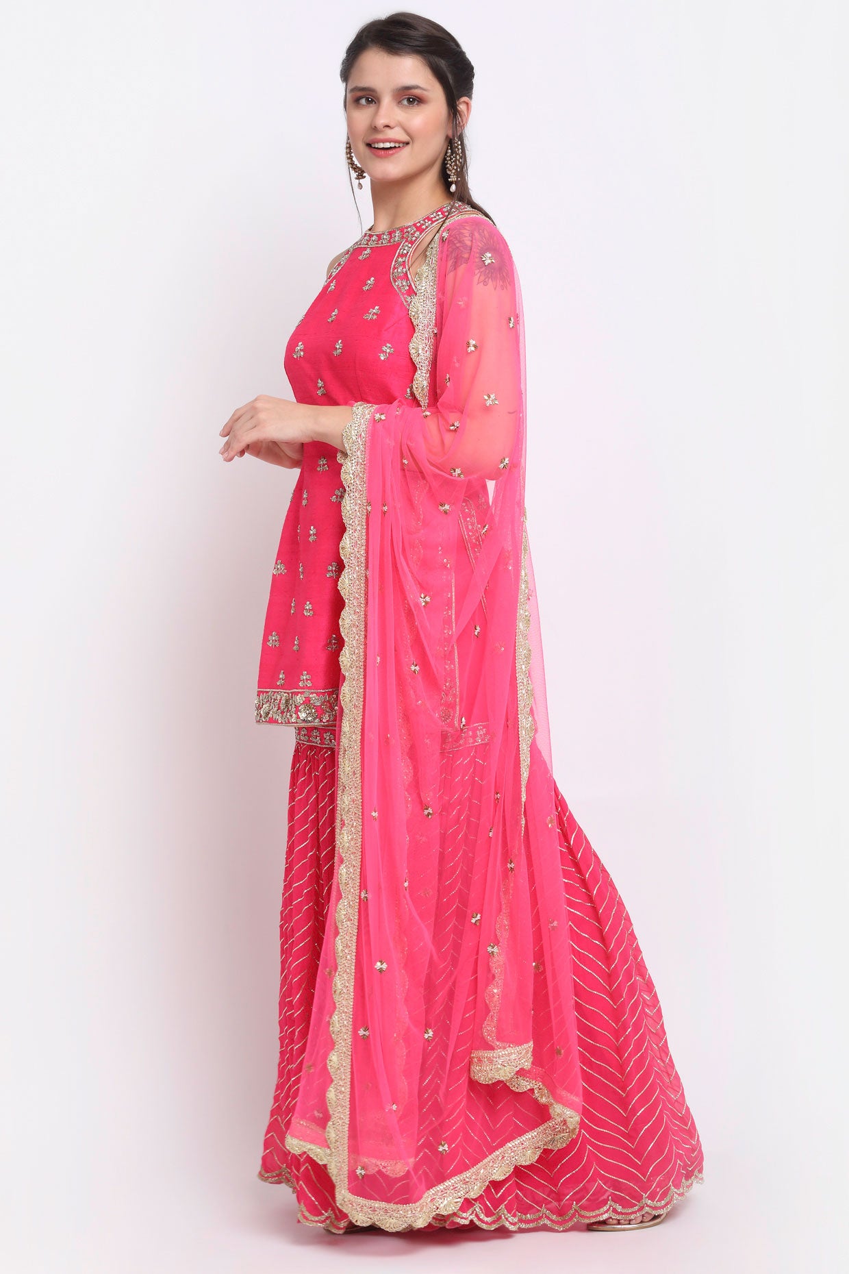 Fuchsia Pink Halter Neck Embroidered Sharara Set