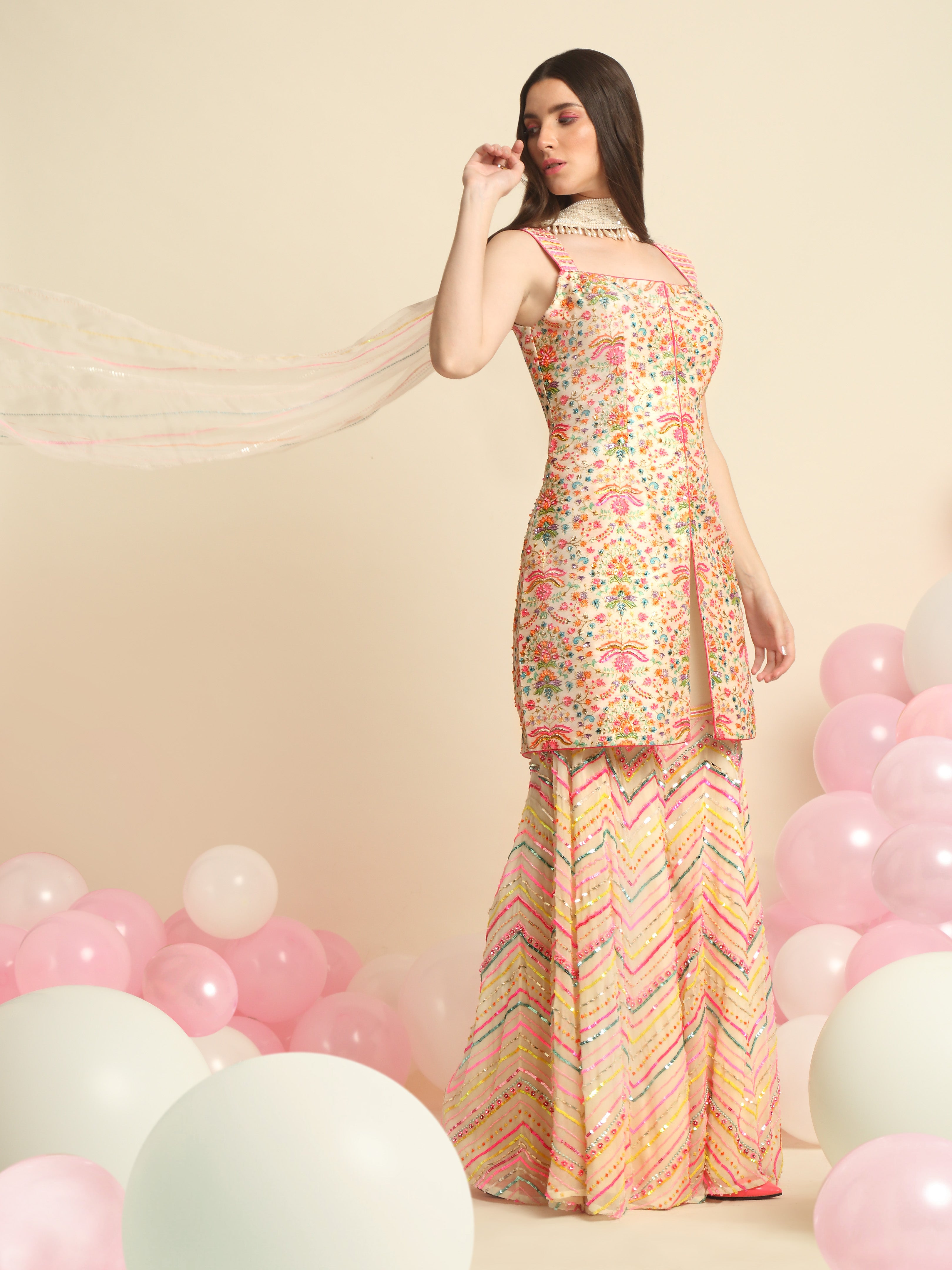 Ivory Printed & Embroidered Sharara Set