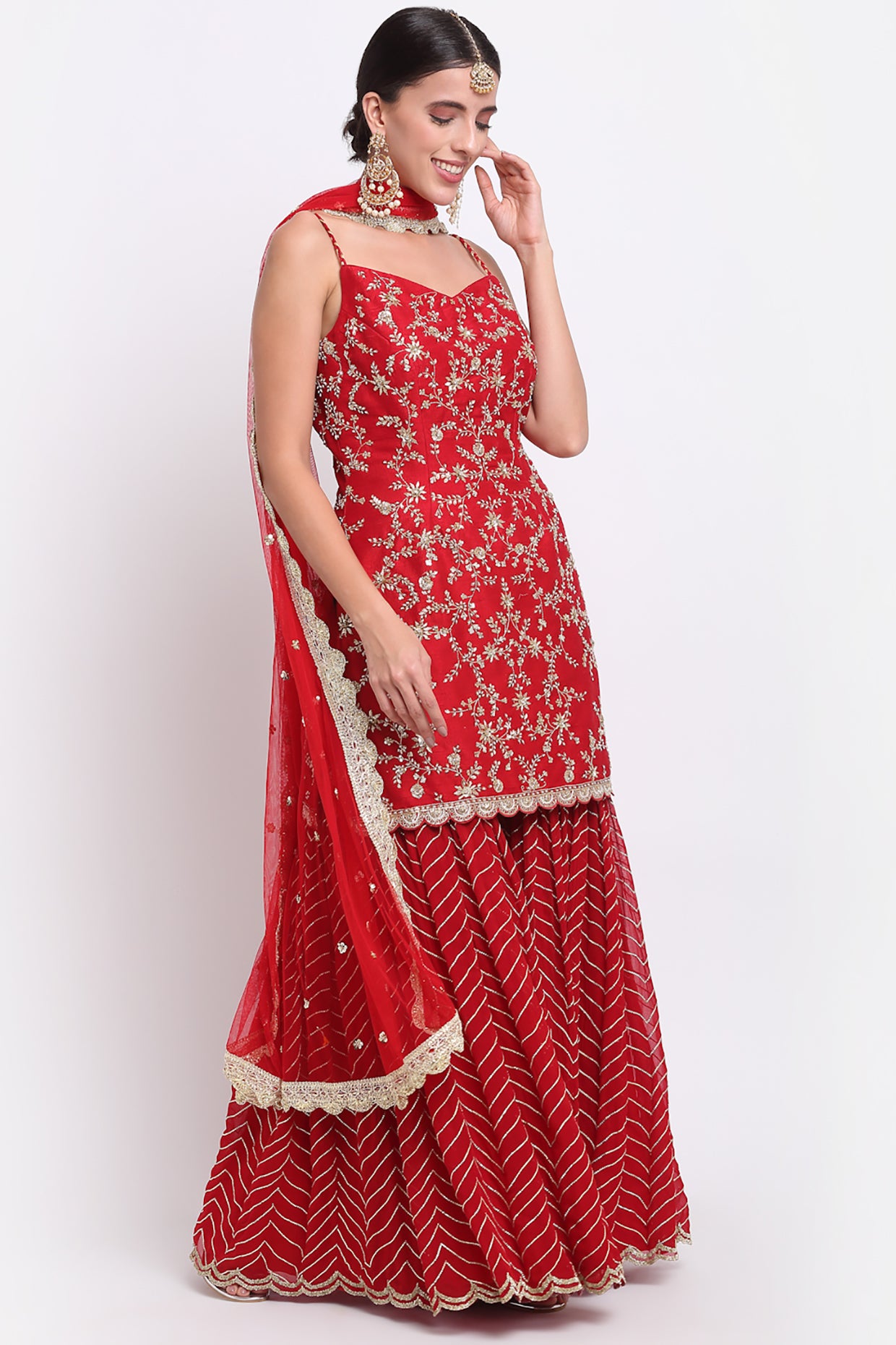 Red Embroidered Sharara Set