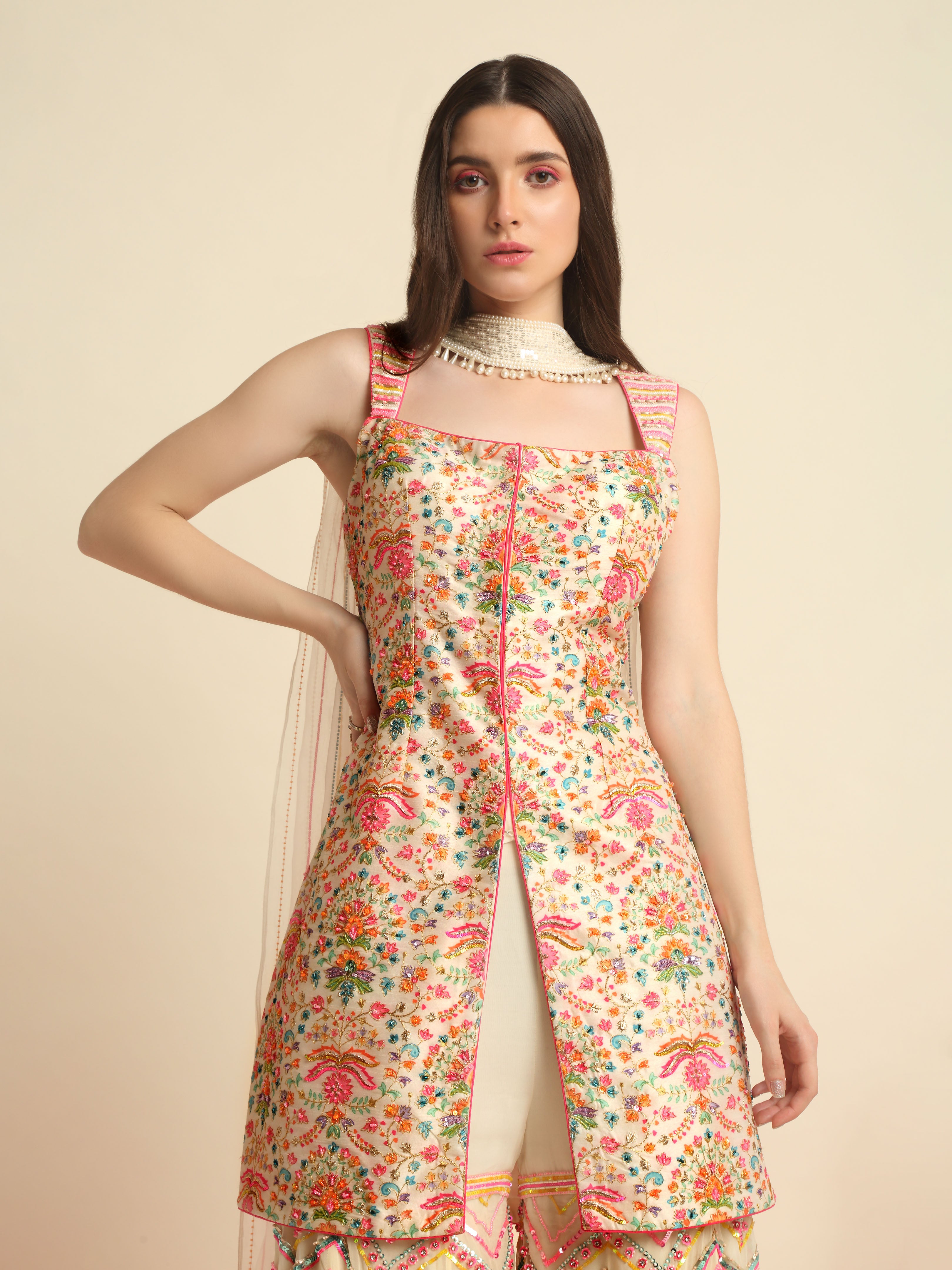 Ivory Printed & Embroidered Sharara Set