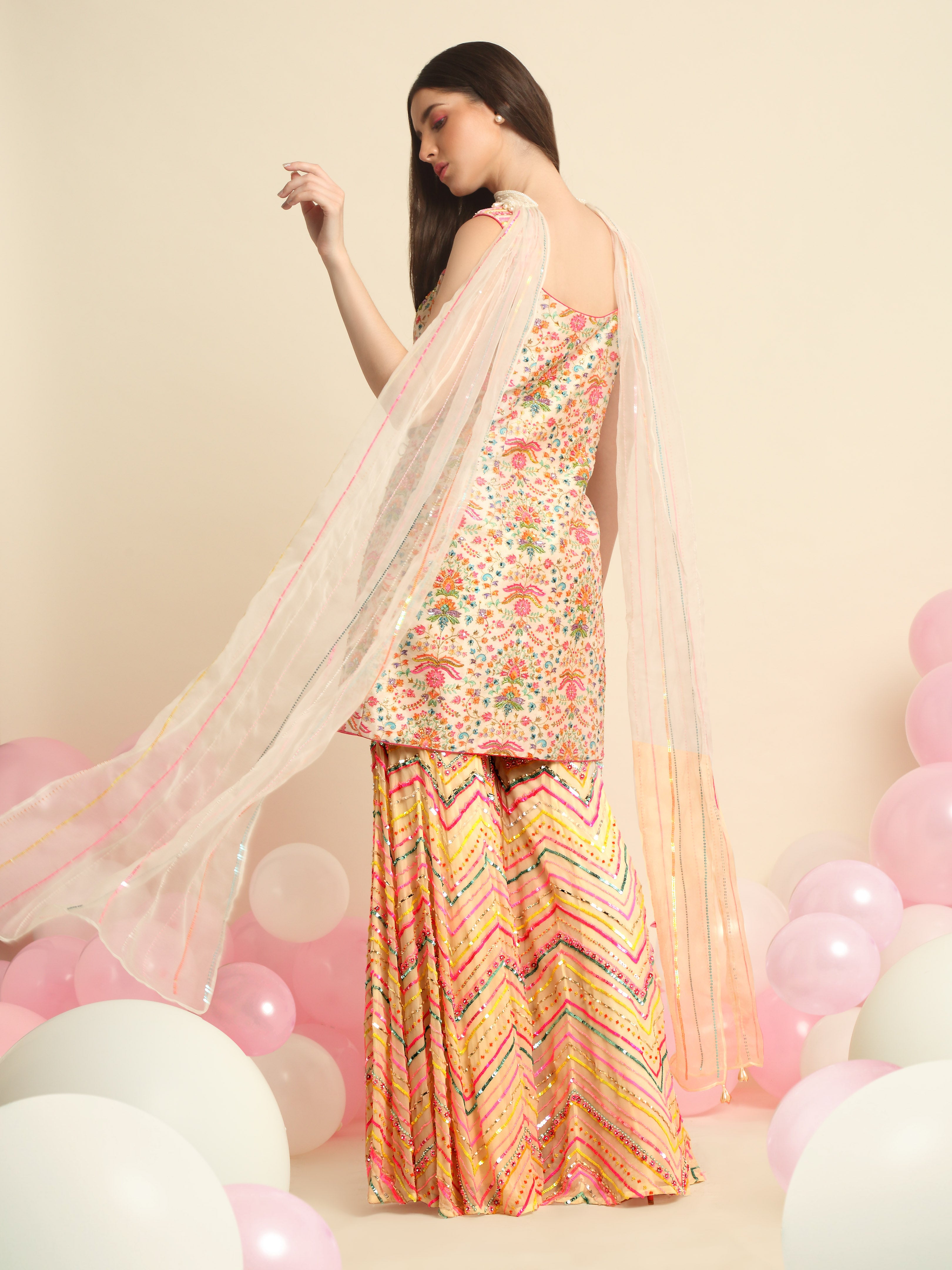 Ivory Printed & Embroidered Sharara Set
