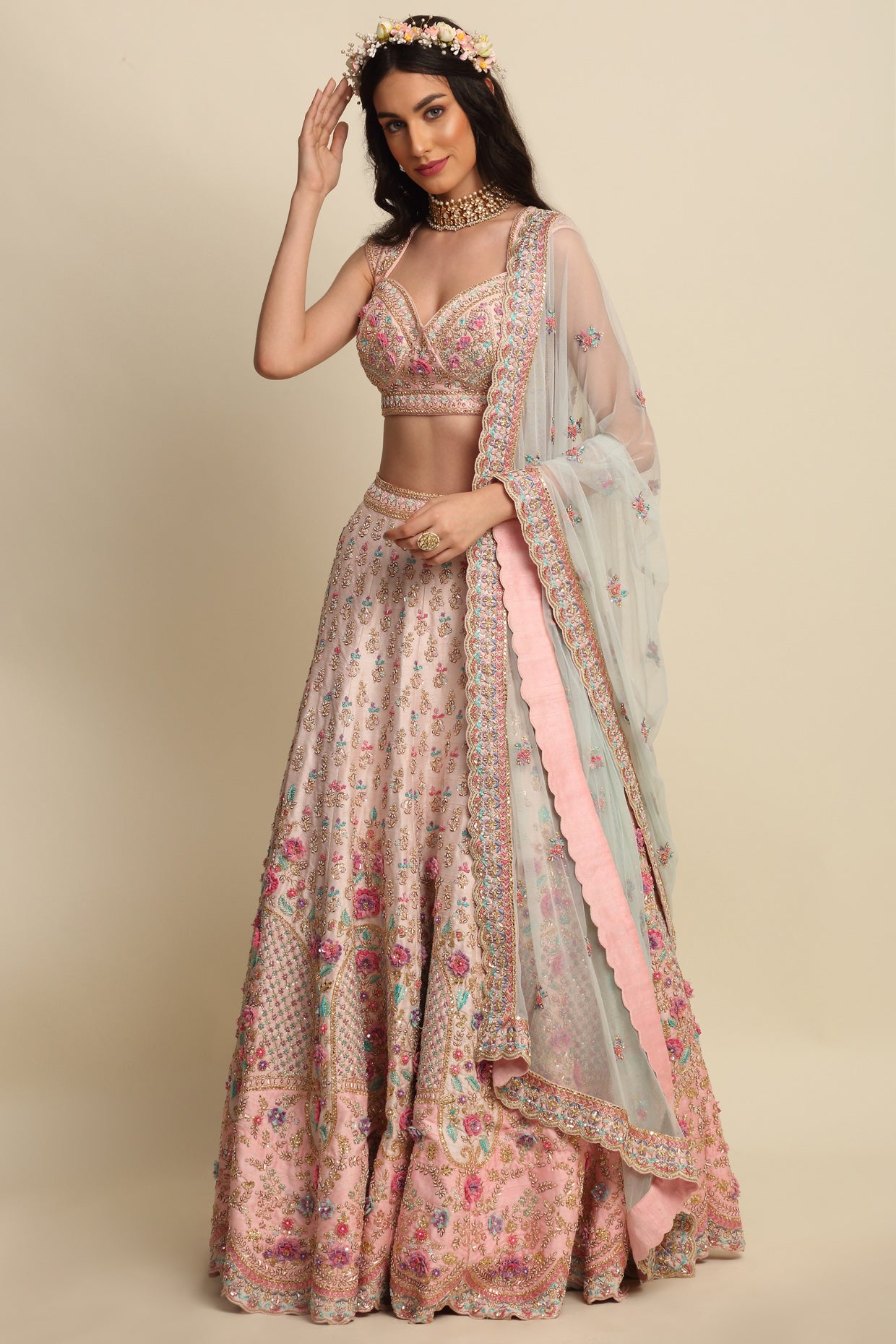 Pastel Pink Hand Embroidered Bridal Lehenga Set